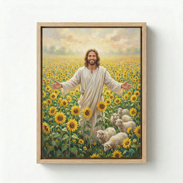Canvas in natural wood floating frame with smiling Jesus in a vibrant sunflower field with lambs