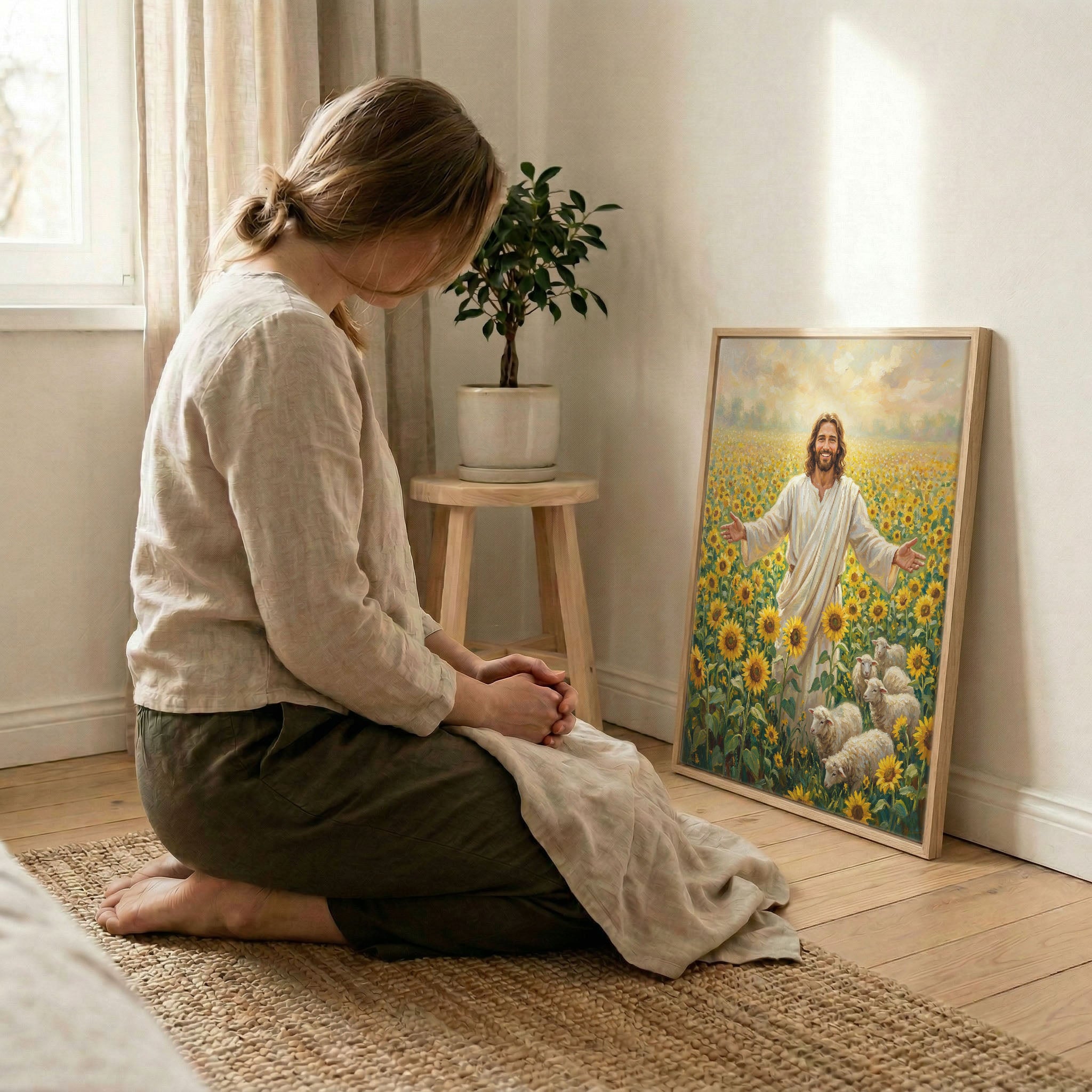 Woman kneeling in prayer beside smiling Jesus sunflower canvas in wood frame with soft indoor natural light