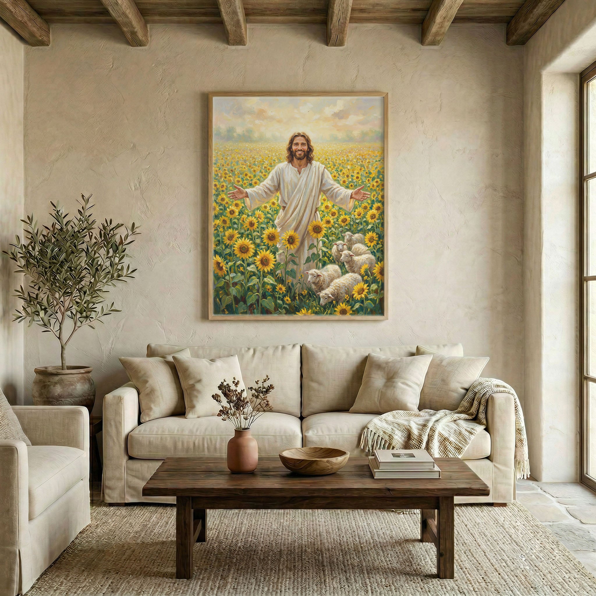 Large smiling Jesus sunflower field canvas in wood frame above linen sofa in warm neutral living room