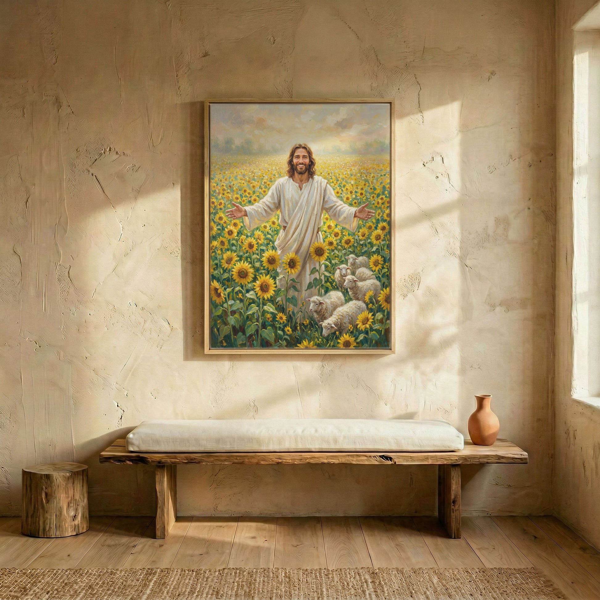 Smiling Jesus with open arms sunflower canvas in wood frame above rustic wooden bench in sunlit entryway