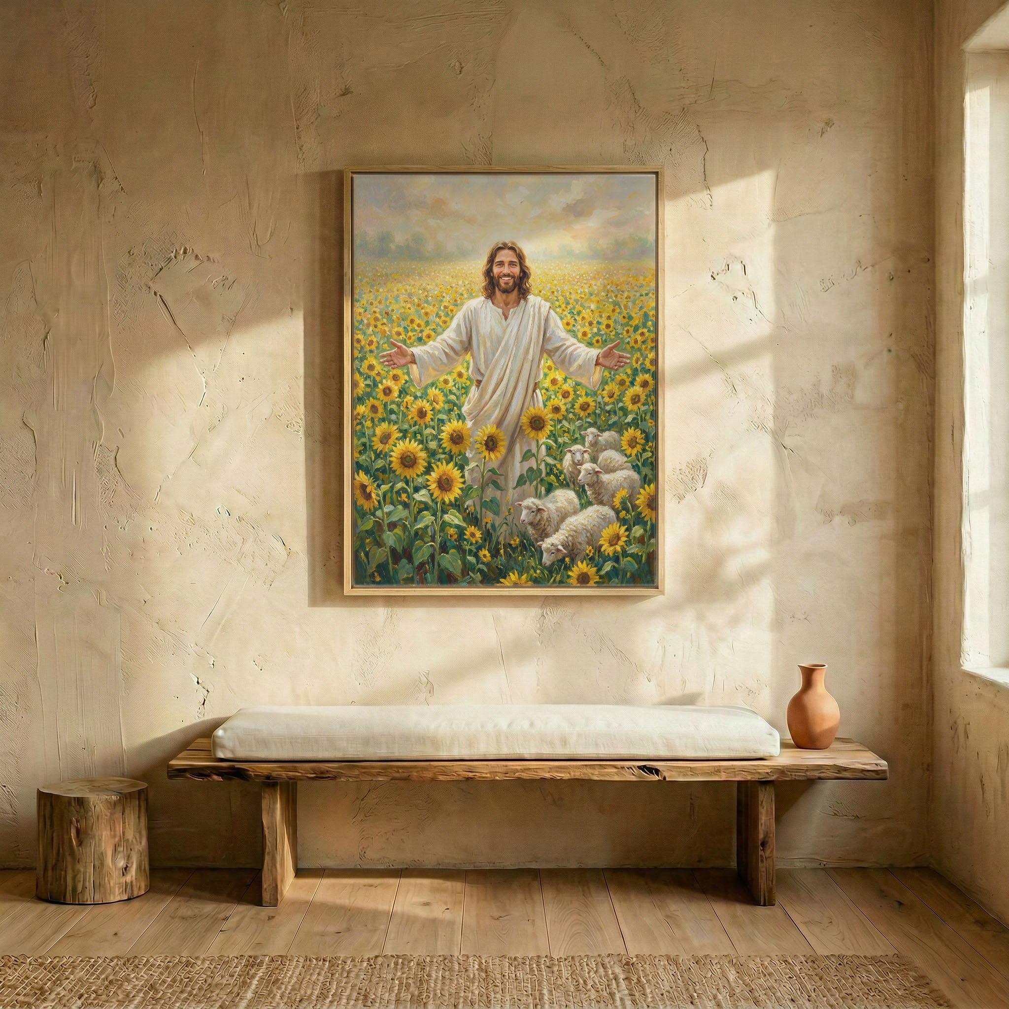 Smiling Jesus with open arms sunflower canvas in wood frame above rustic wooden bench in sunlit entryway