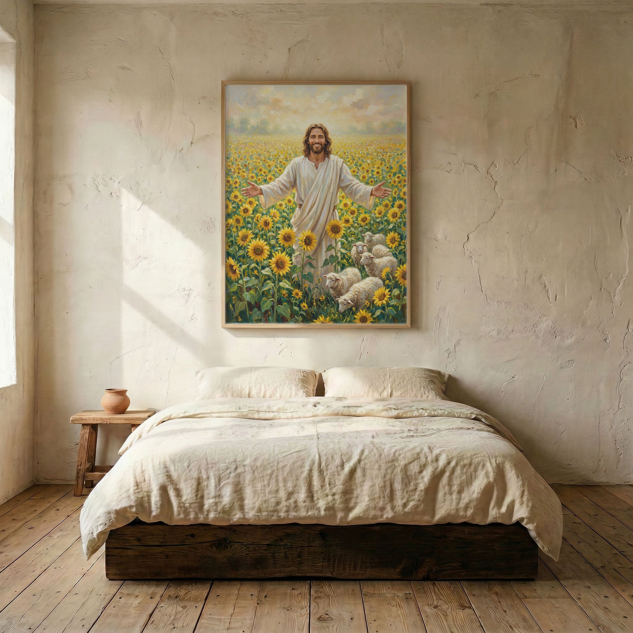 Smiling Jesus sunflower canvas in wood frame mounted above linen platform bed in serene neutral bedroom