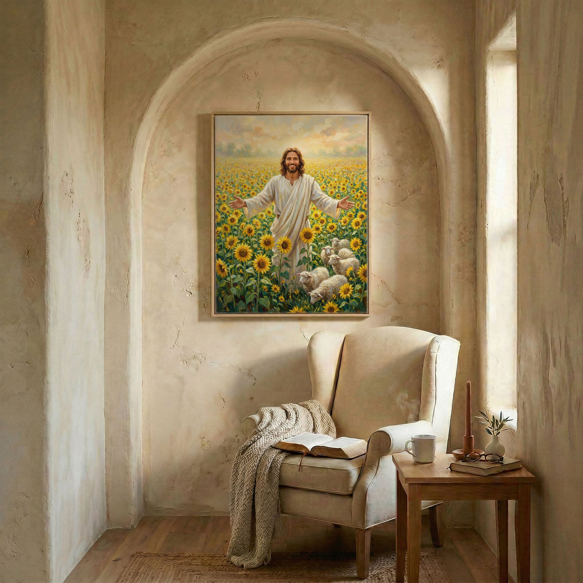 Smiling Jesus sunflower art in wood frame in arched alcove above wingback chair with open Bible and candle