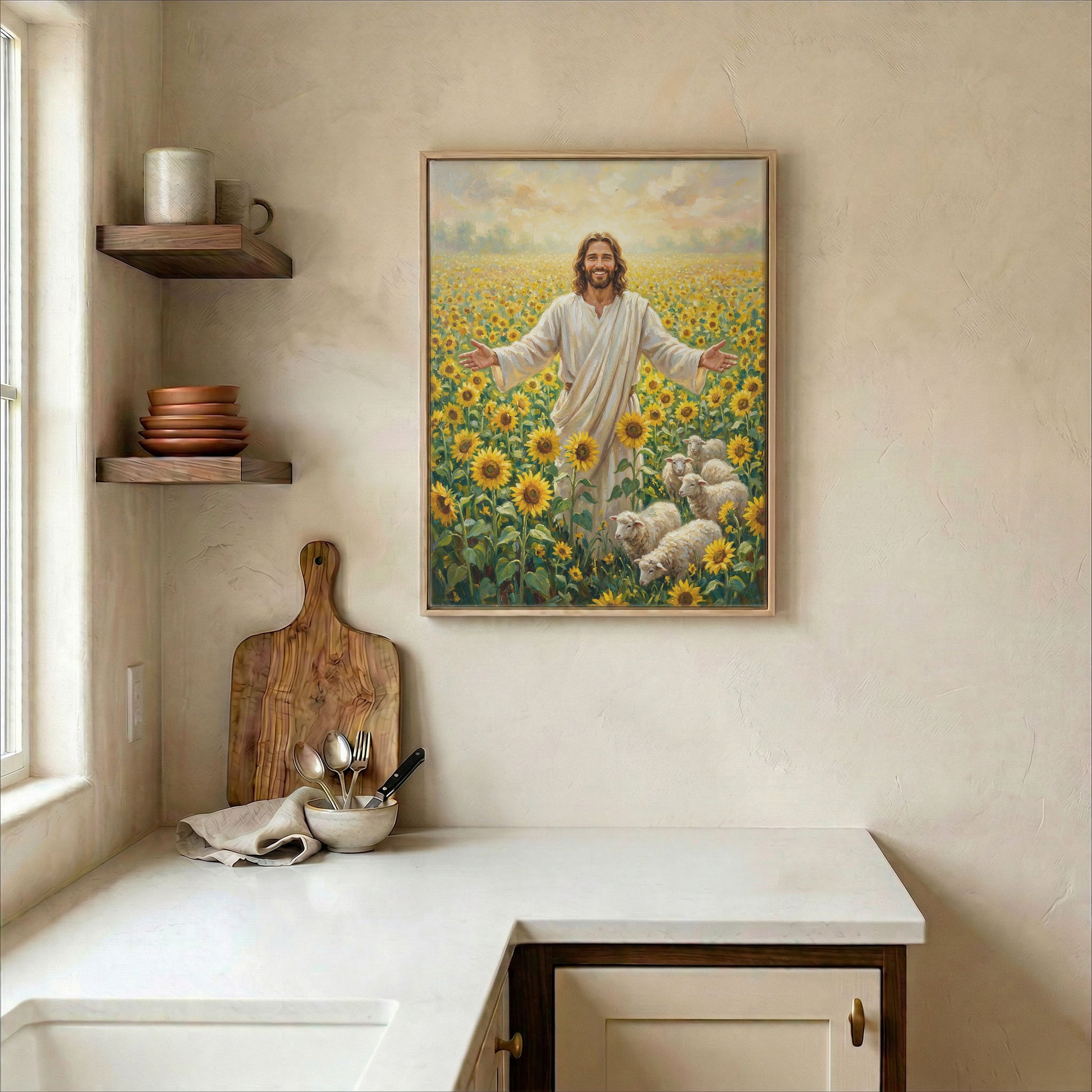 Smiling Jesus in sunflower field canvas in wood frame on kitchen wall in warm neutral farmhouse setting