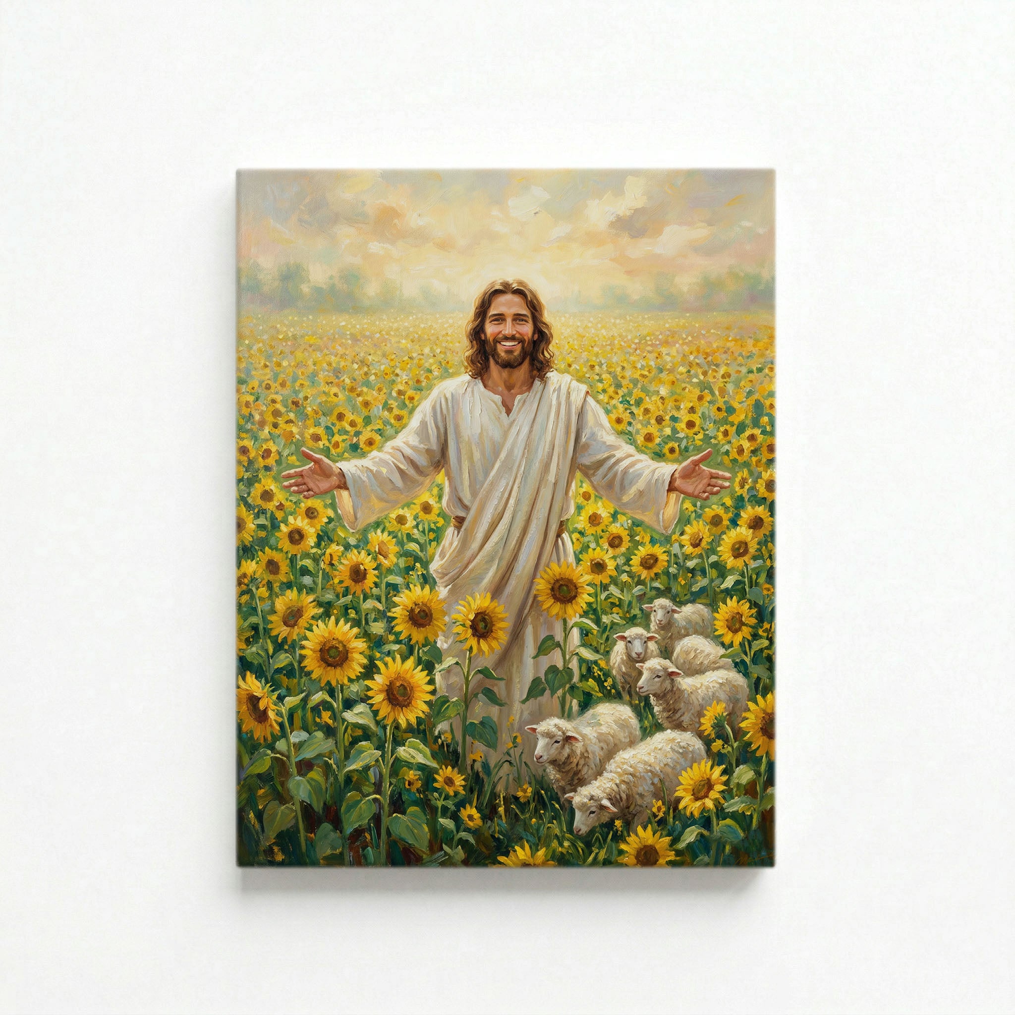 Vertical canvas of smiling Jesus with open arms in sunflower field with lambs on white background