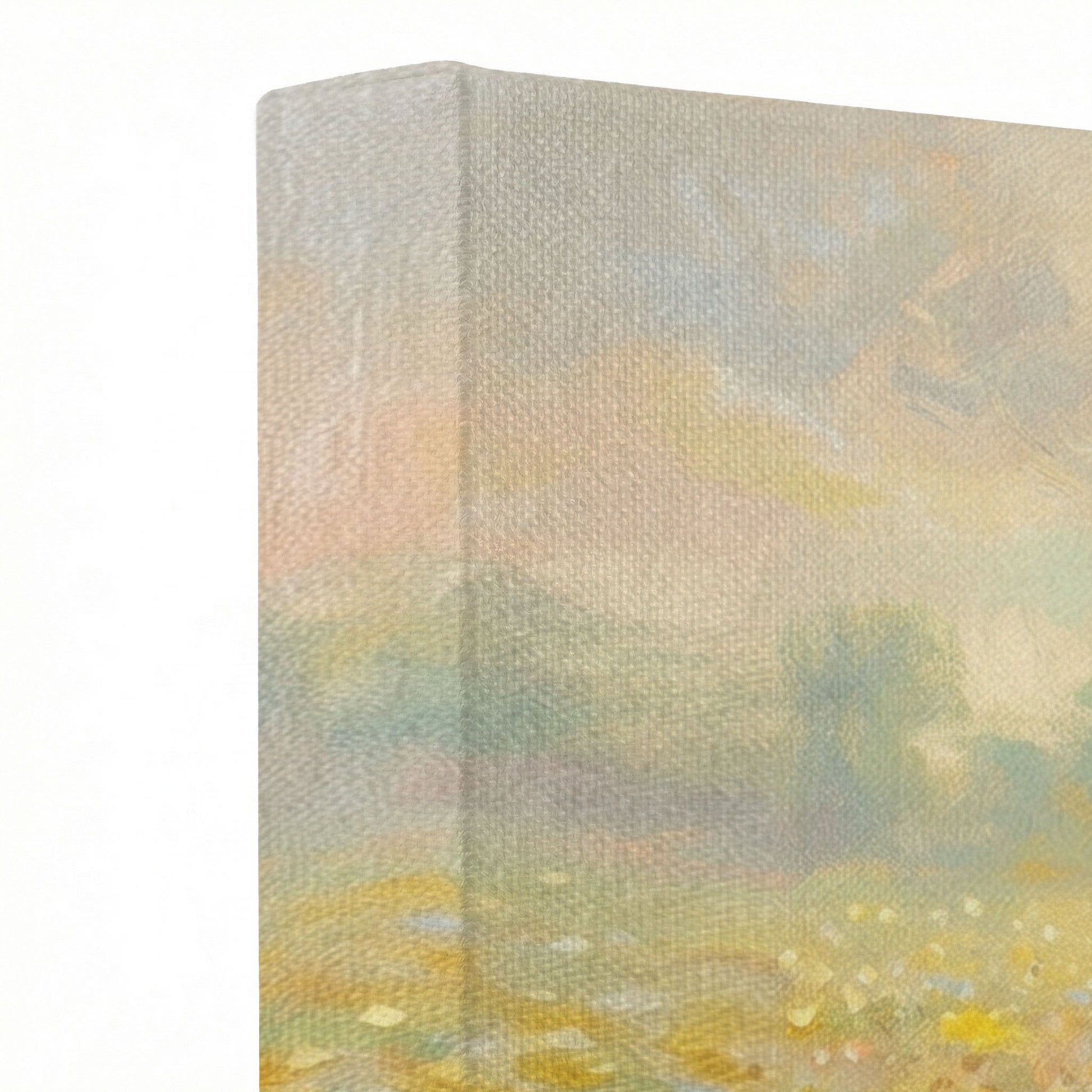Close-up of smiling Jesus sunflower canvas print showing thick oil painting texture and bright yellow petals