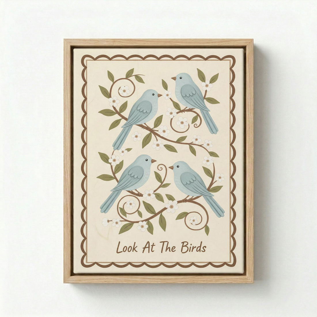 Framed Look At The Birds christian canvas wall art with four blue birds on flowering branches, white background