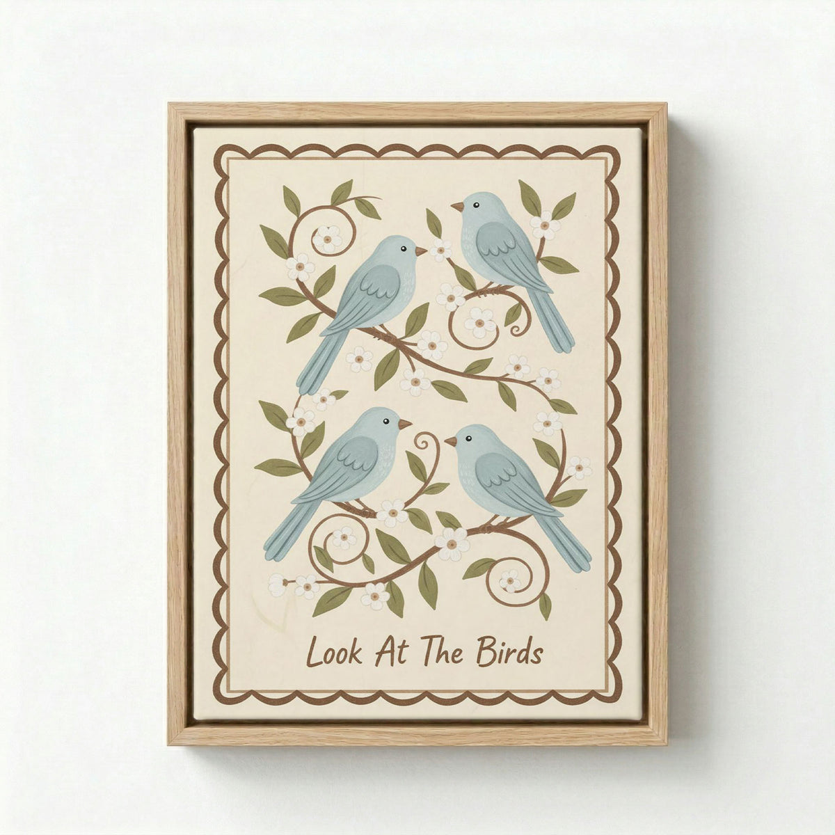 Framed Look At The Birds christian canvas wall art with four blue birds on flowering branches, white background