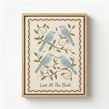 Framed Look At The Birds christian canvas wall art with four blue birds on flowering branches, white background