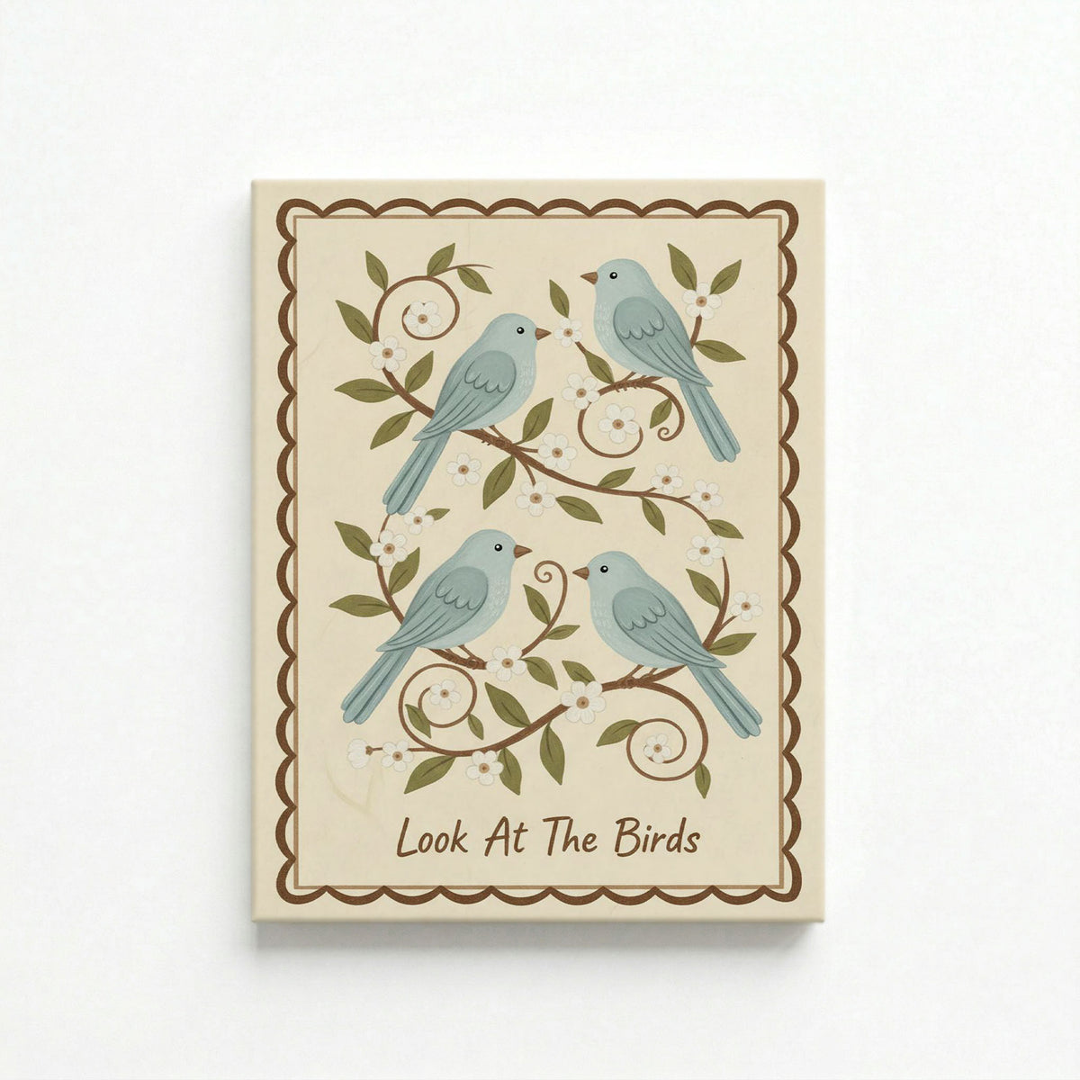 Gallery-wrapped Look At The Birds christian canvas with four blue birds on cream floral branch design, white background