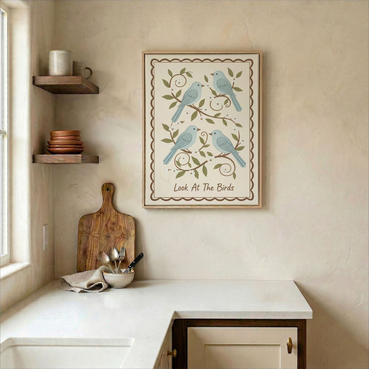 Look At The Birds christian canvas wall art displayed in a bright farmhouse kitchen above white counter