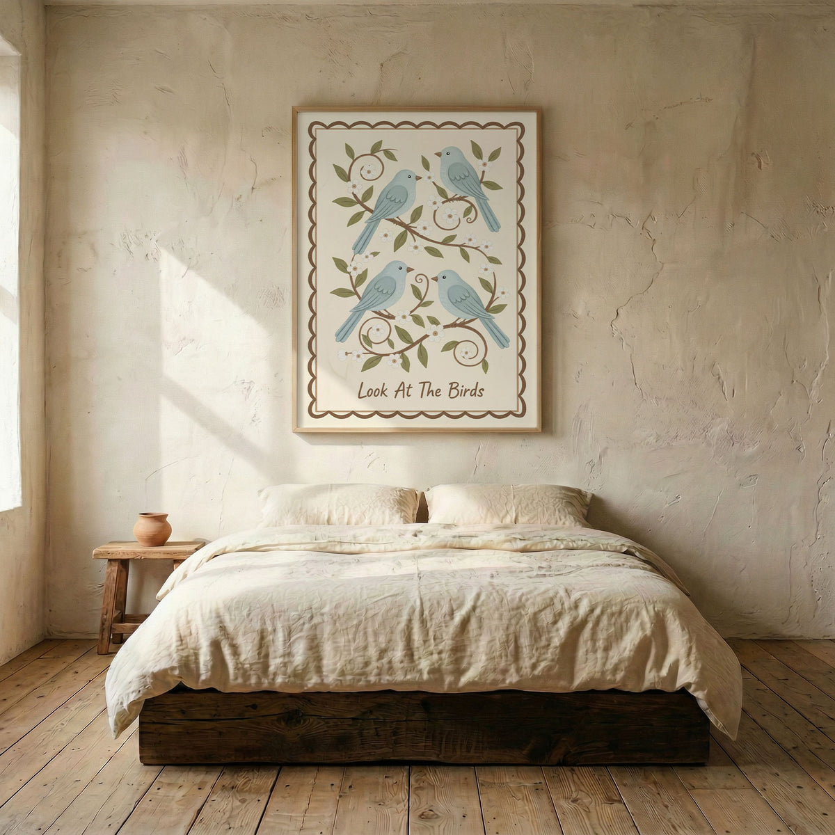 Look At The Birds canvas wall art in natural wood frame hanging above a linen bed in a minimal bedroom