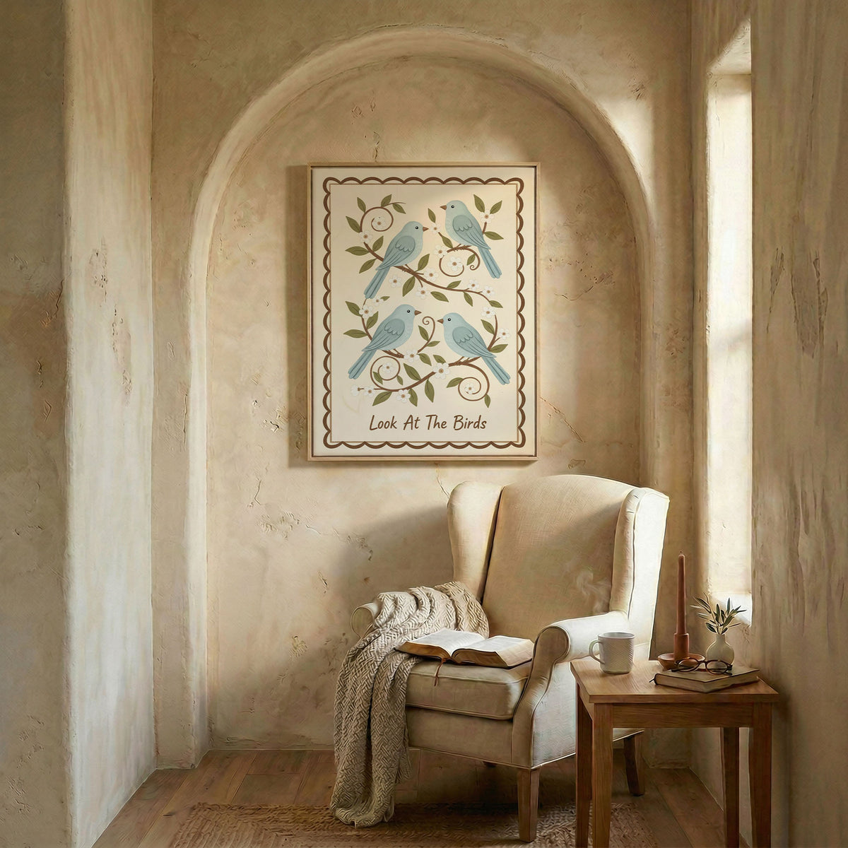 Look At The Birds christian wall art in an arched alcove above a wingback chair with an open Bible nearby