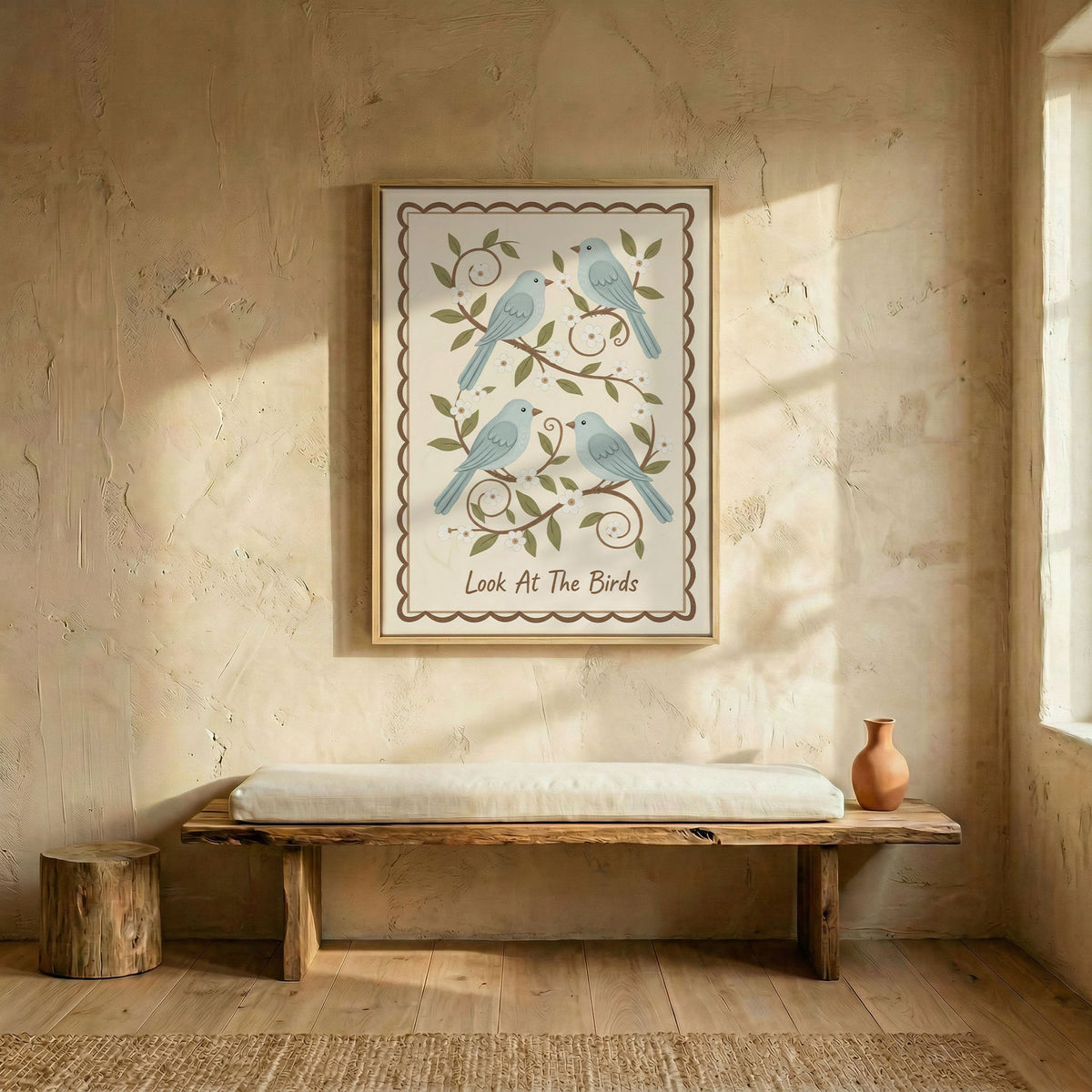 Look At The Birds christian canvas art in wood frame above a rustic live-edge wooden bench in a hallway