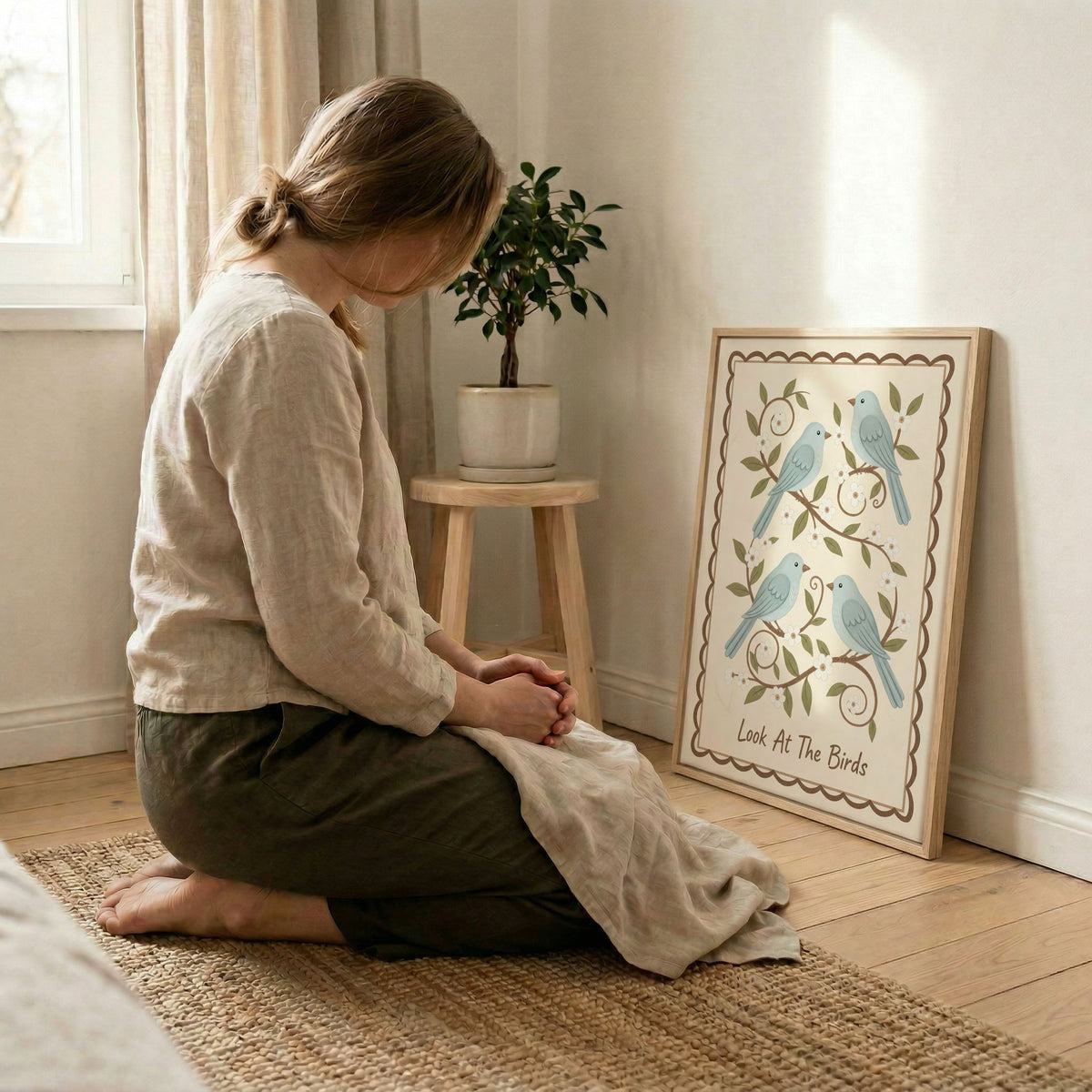 Woman kneeling in prayer beside Look At The Birds christian canvas art leaning against a white wall
