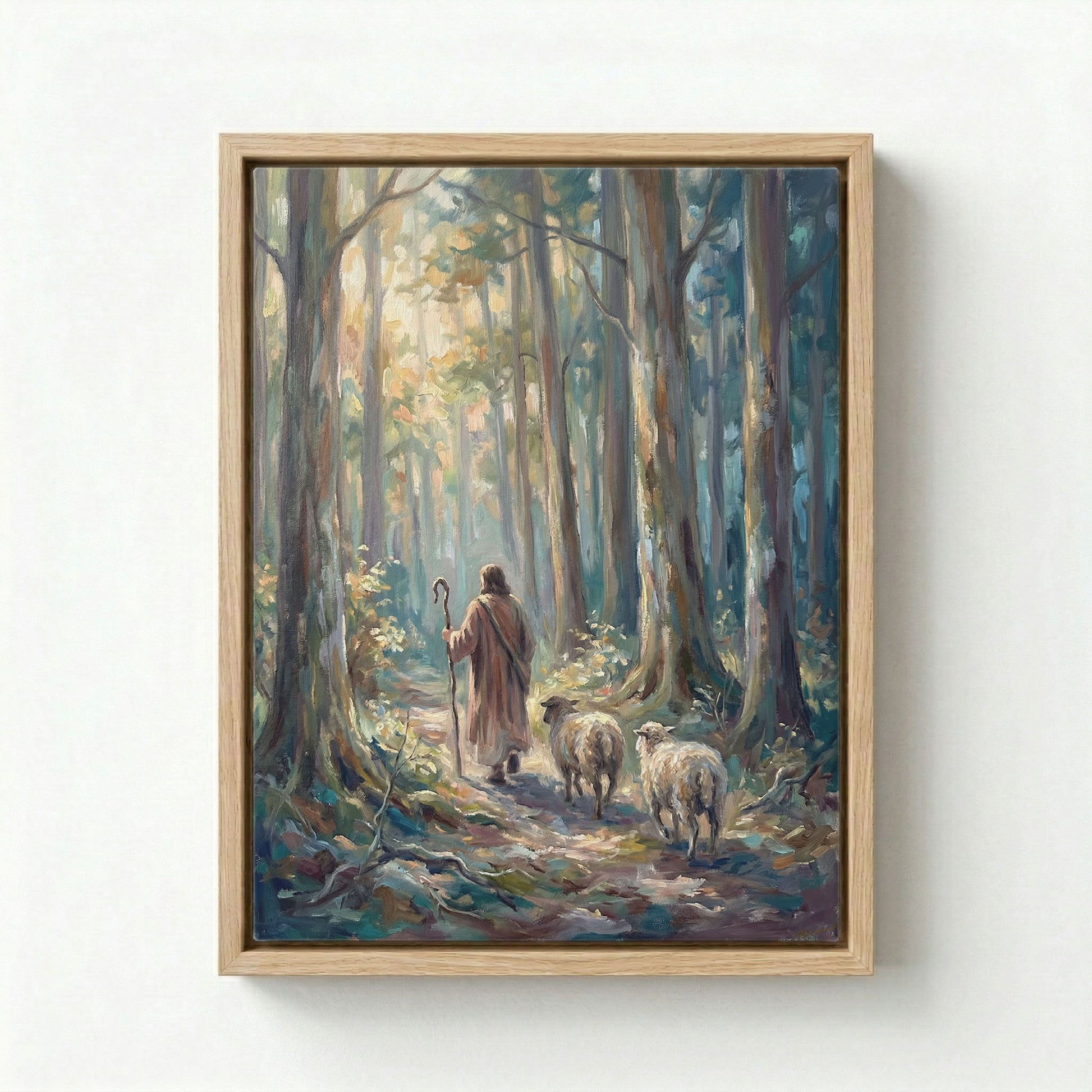 Canvas in natural wood floating frame with Good Shepherd leading sheep through sunlit green forest