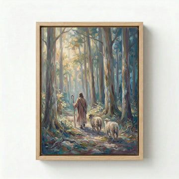Canvas in natural wood floating frame with Good Shepherd leading sheep through sunlit green forest