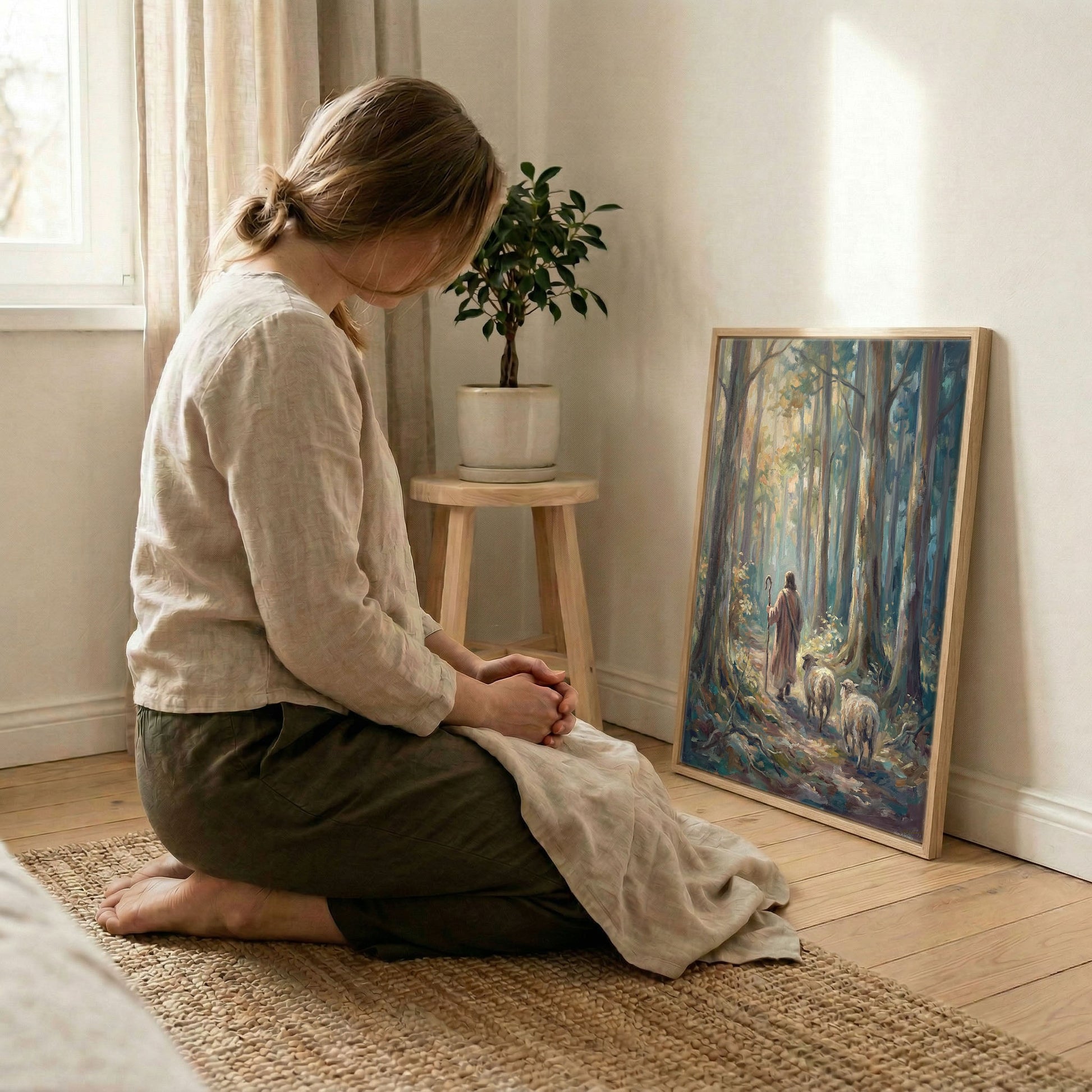 Woman kneeling in prayer beside Good Shepherd sunlit forest canvas in wood frame, soft indoor natural light