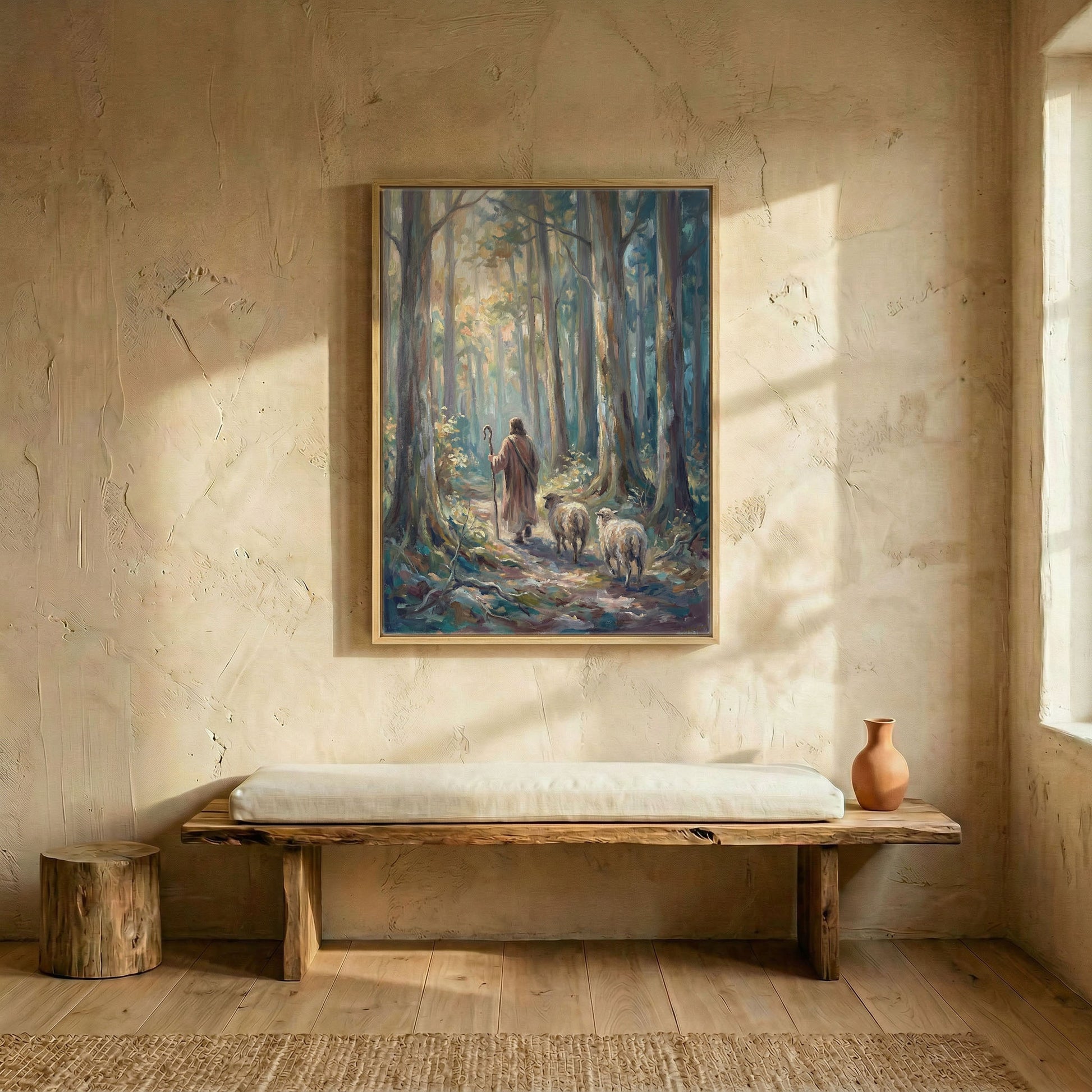 Good Shepherd leading sheep through sunlit trees canvas in wood frame above rustic wooden bench in entryway