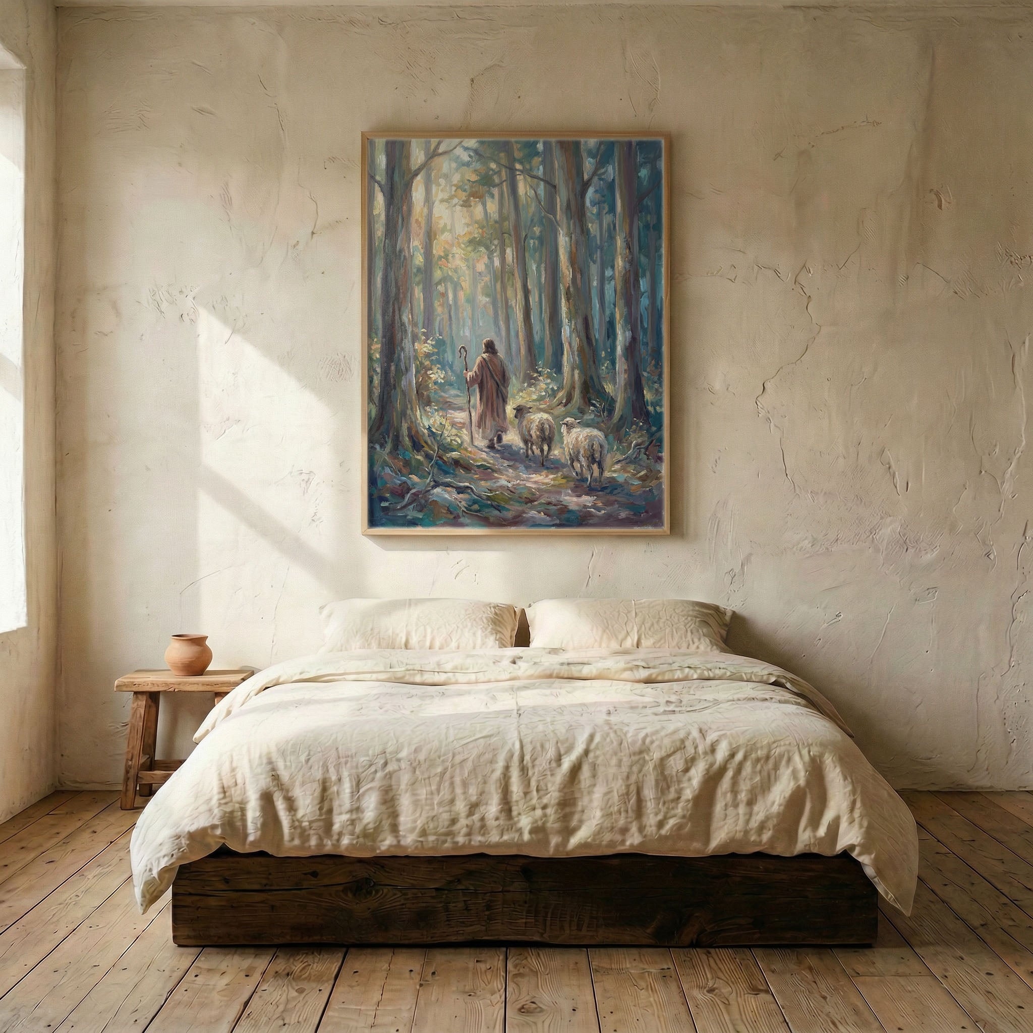 Good Shepherd forest canvas in wood frame mounted above linen platform bed in serene neutral bedroom