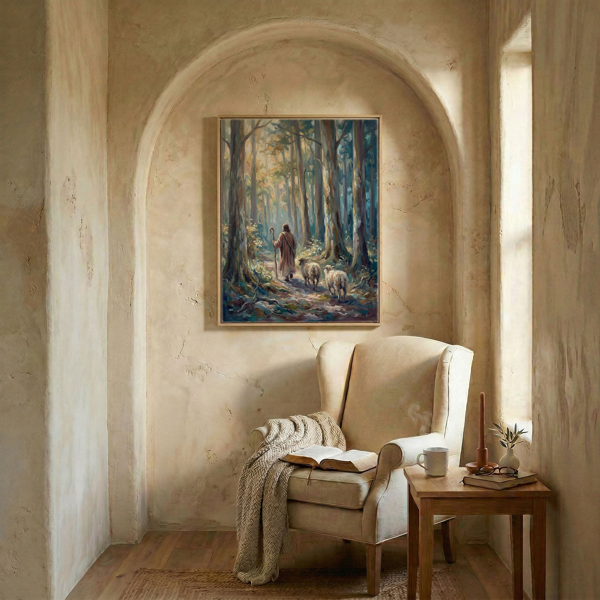 Good Shepherd sunlit forest canvas in wood frame in arched alcove above wingback chair with Bible
