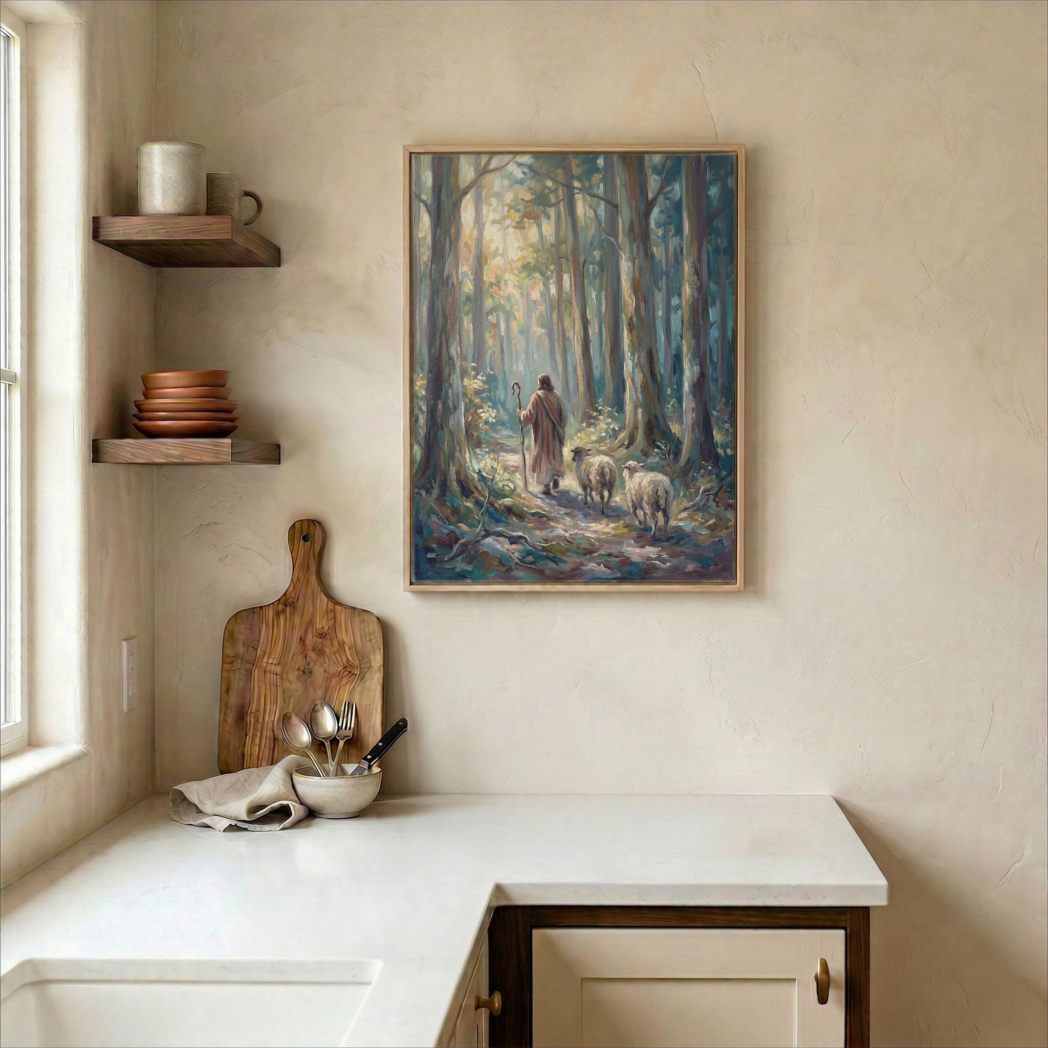 Good Shepherd leading sheep canvas in wood frame on kitchen wall in warm neutral farmhouse setting