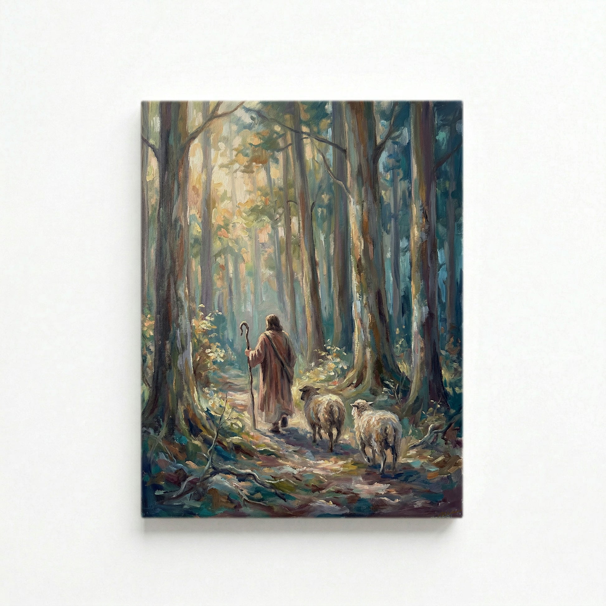 Vertical canvas of Good Shepherd leading sheep through sunlit green forest on white background