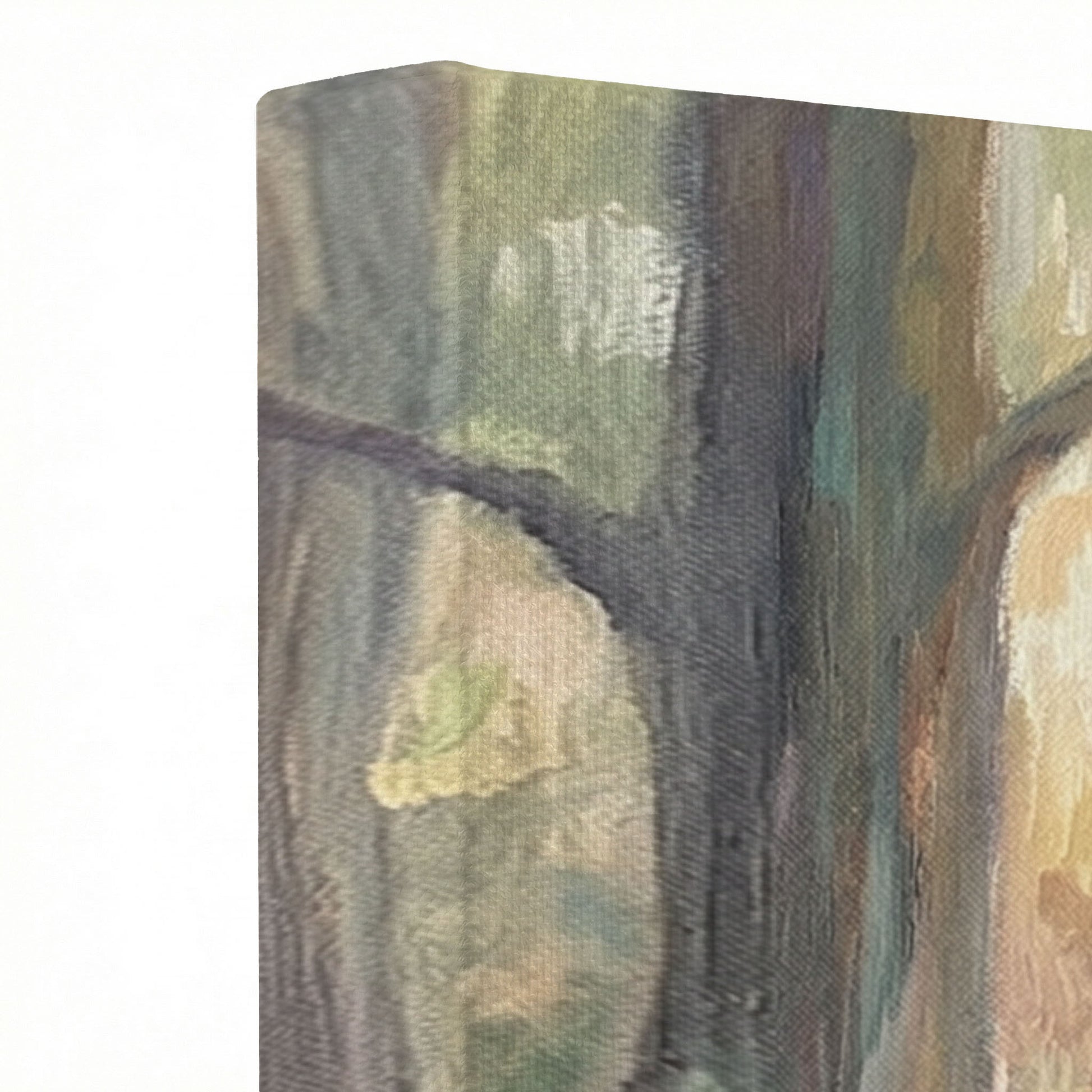 Close-up of Good Shepherd forest canvas print showing thick oil painting texture and sunlit leaf details