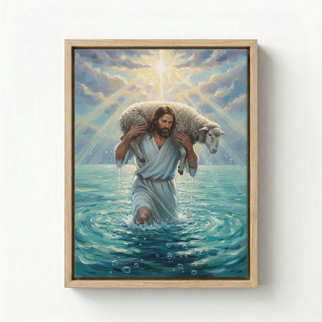 Canvas in natural wood floating frame with Jesus as Good Shepherd carrying a lost lamb through tranquil water