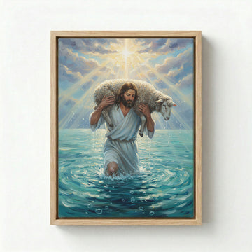 Canvas in natural wood floating frame with Jesus as Good Shepherd carrying a lost lamb through tranquil water