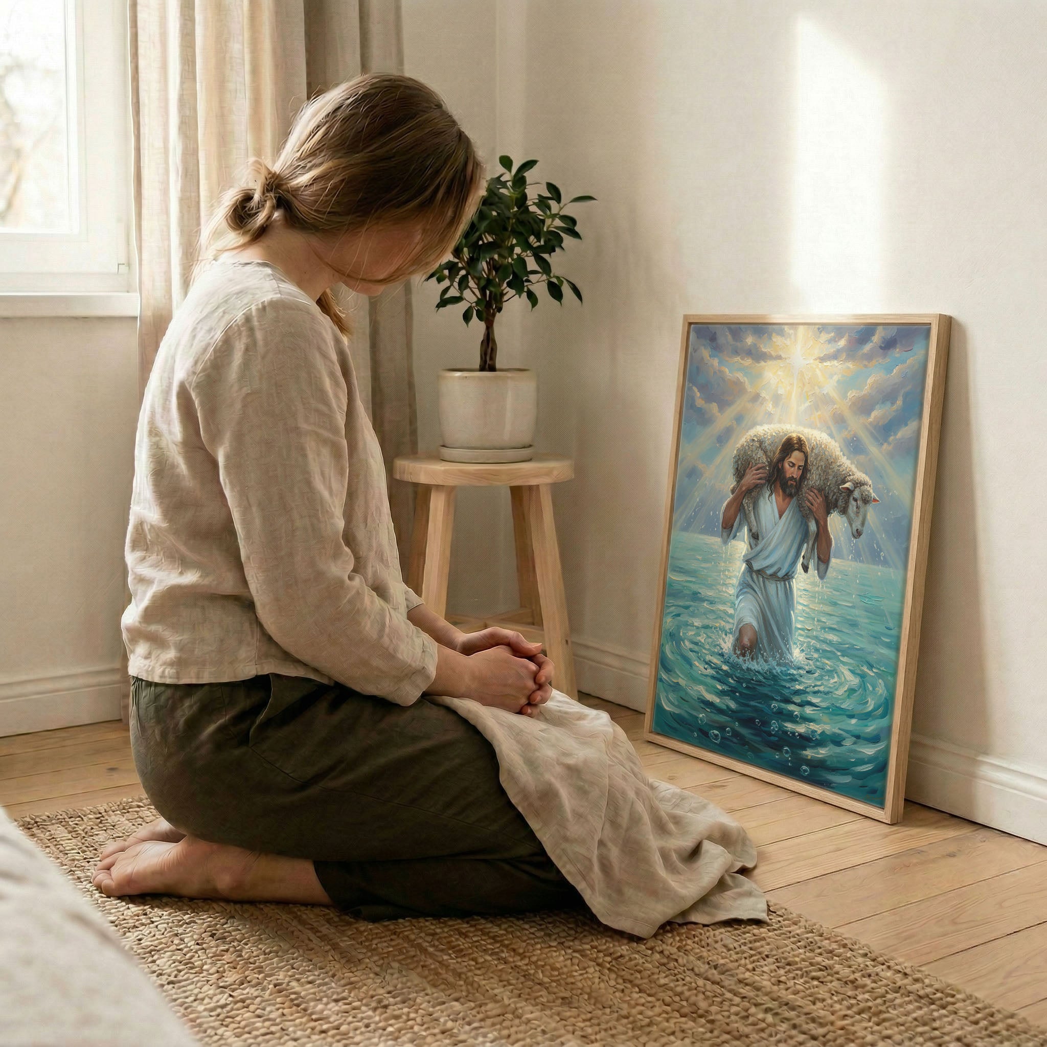 Woman kneeling in prayer beside Jesus carrying lamb canvas print in wood frame with soft indoor natural light