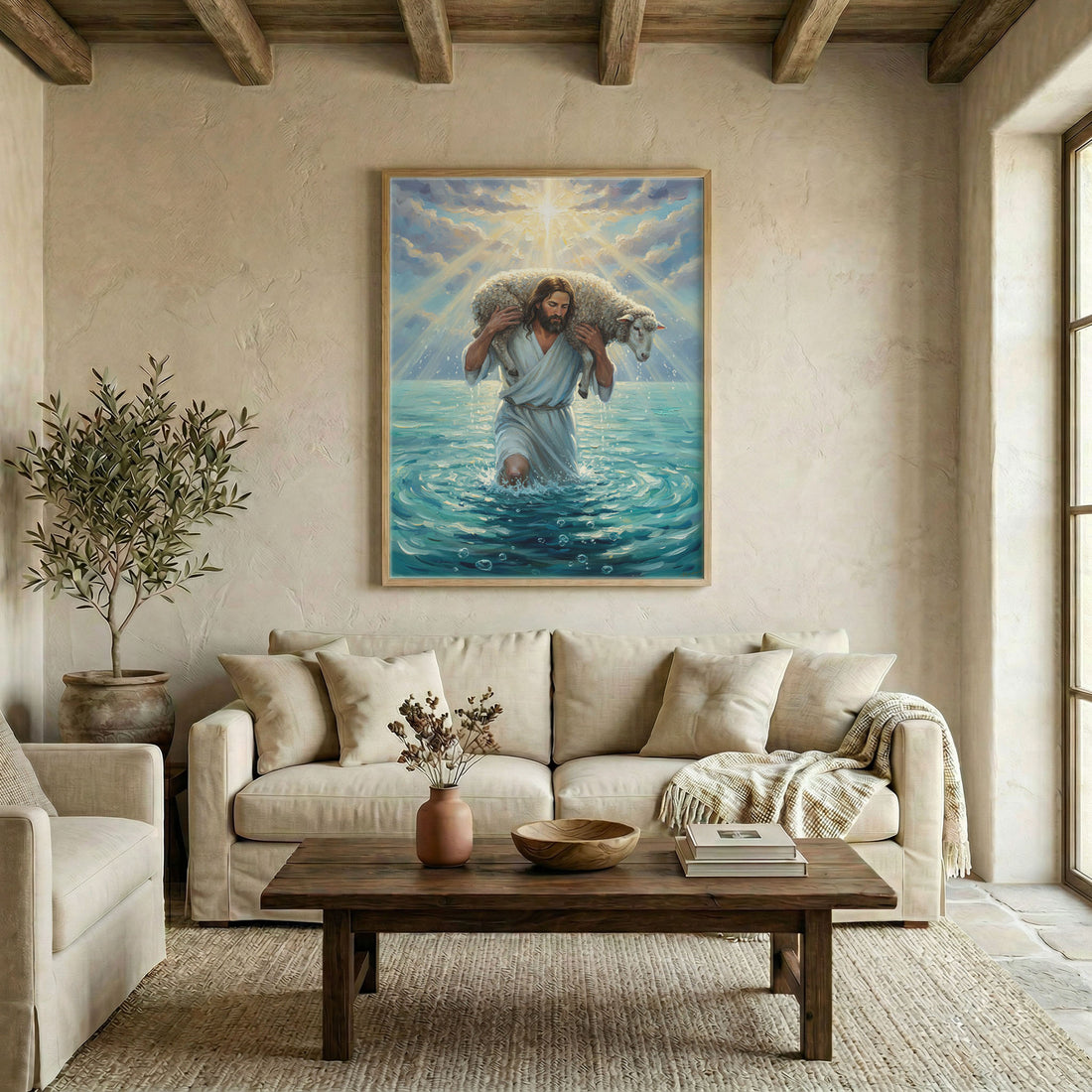 Canvas in natural wood floating frame with Jesus as Good Shepherd carrying a lost lamb through tranquil water
