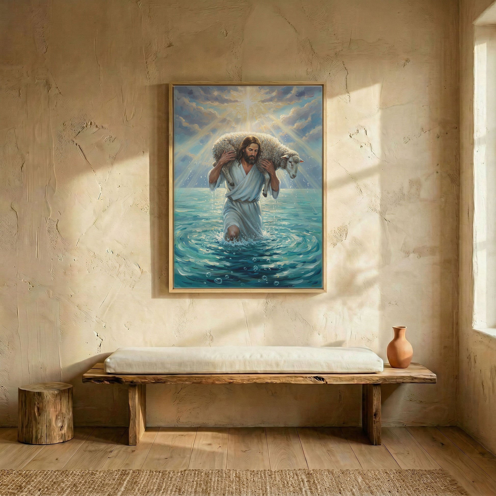 Jesus carrying lamb through water canvas in wood frame above rustic wooden bench in sunlit entryway
