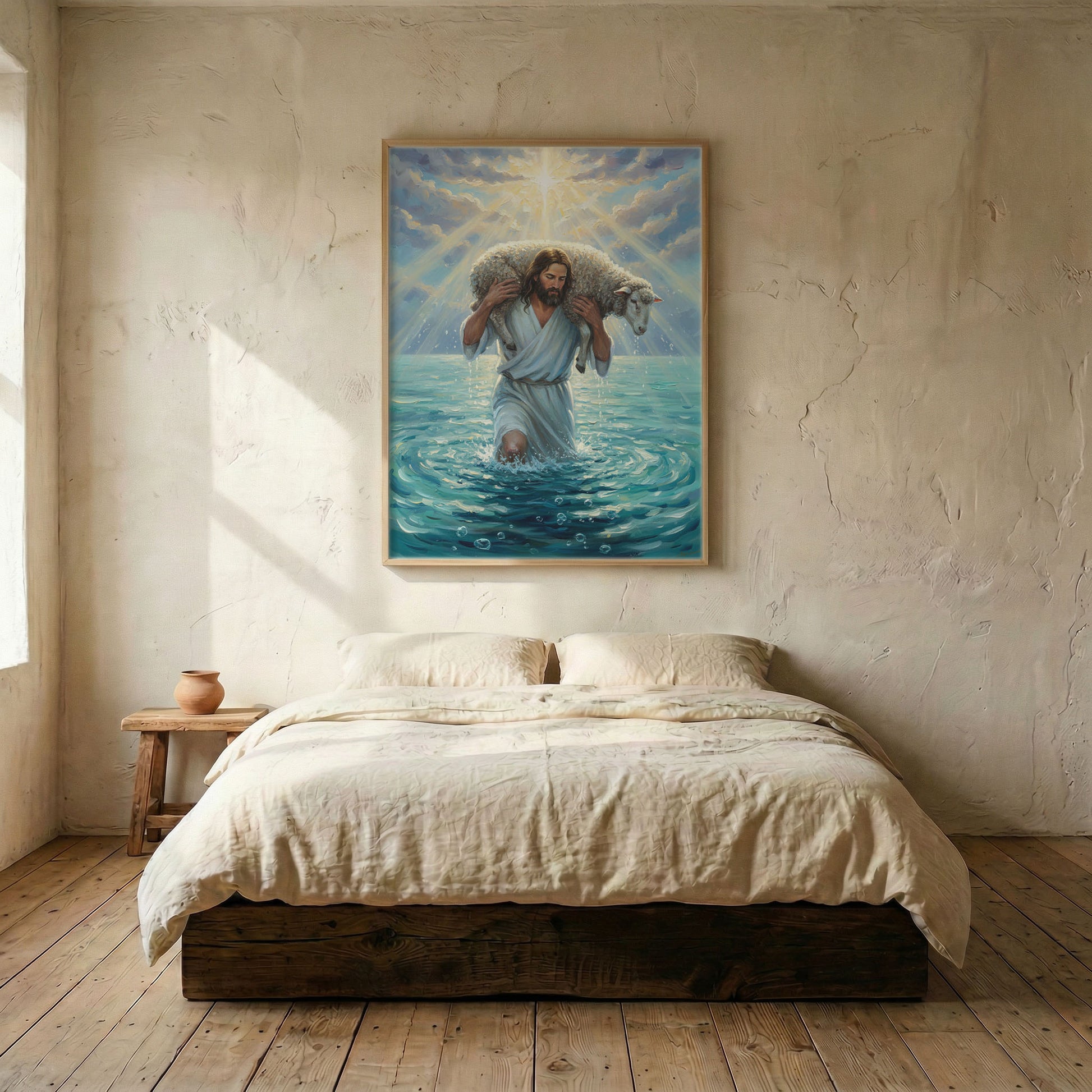 Jesus Good Shepherd and lamb canvas in wood frame mounted above linen platform bed in serene bedroom
