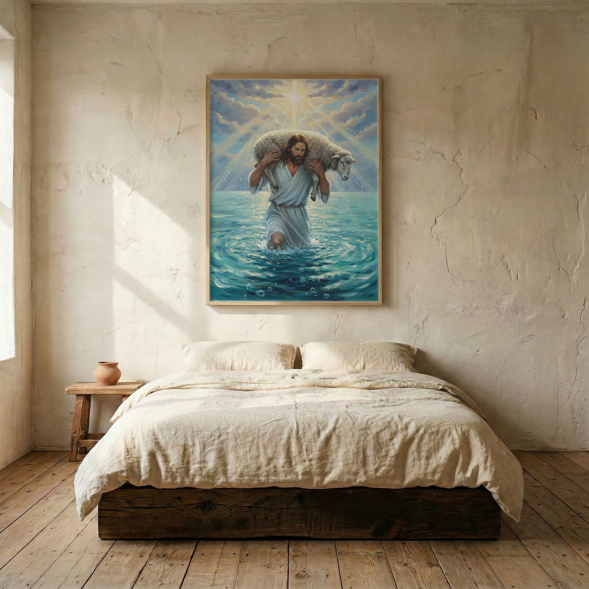 Jesus Good Shepherd and lamb canvas in wood frame mounted above linen platform bed in serene bedroom