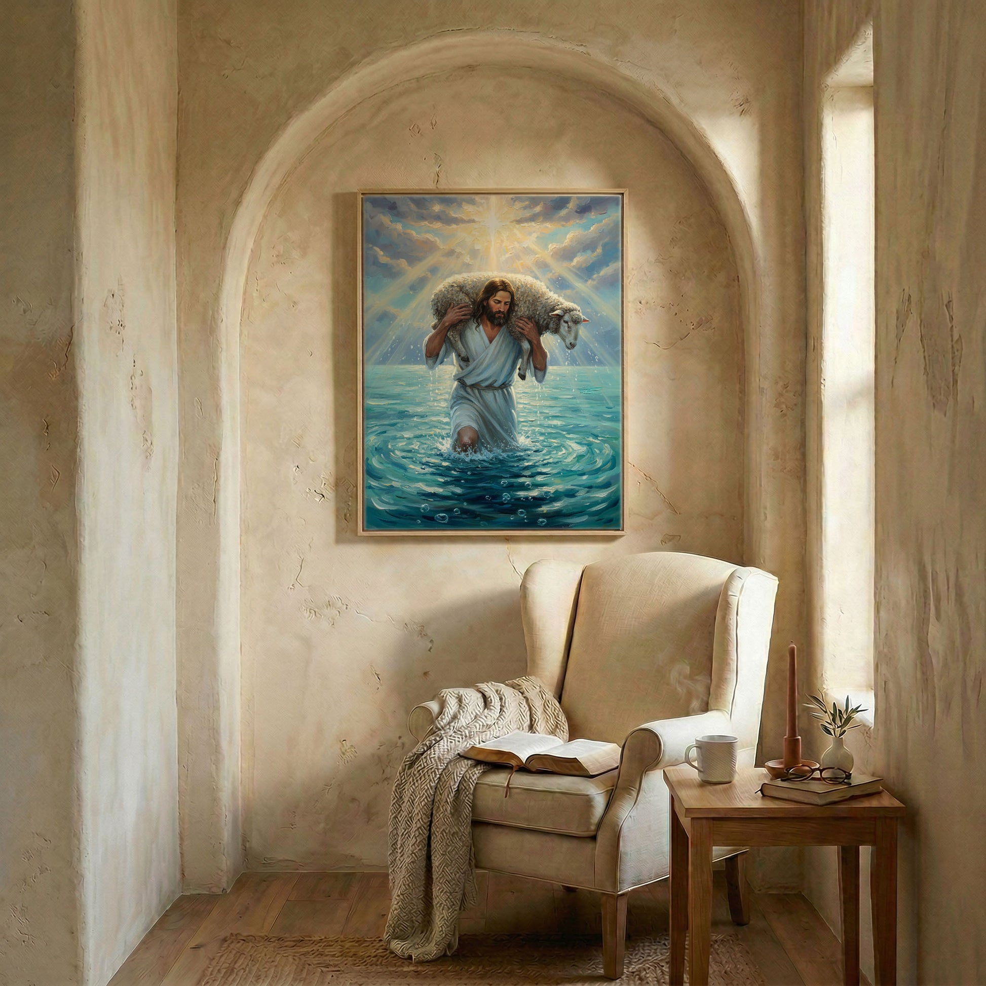 Jesus shepherd and lamb canvas in wood frame in arched alcove above wingback chair with open Bible and candle