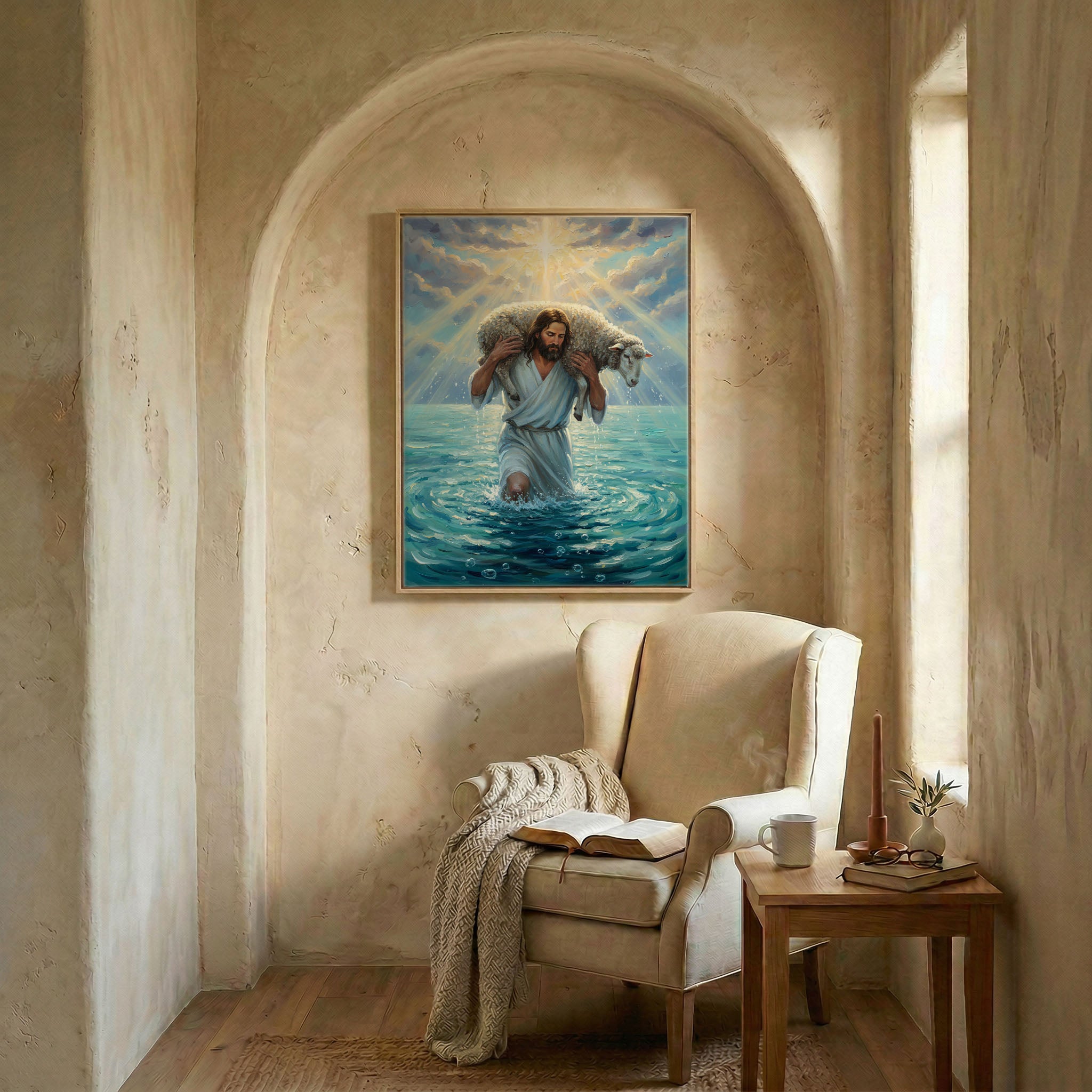 Jesus shepherd and lamb canvas in wood frame in arched alcove above wingback chair with open Bible and candle
