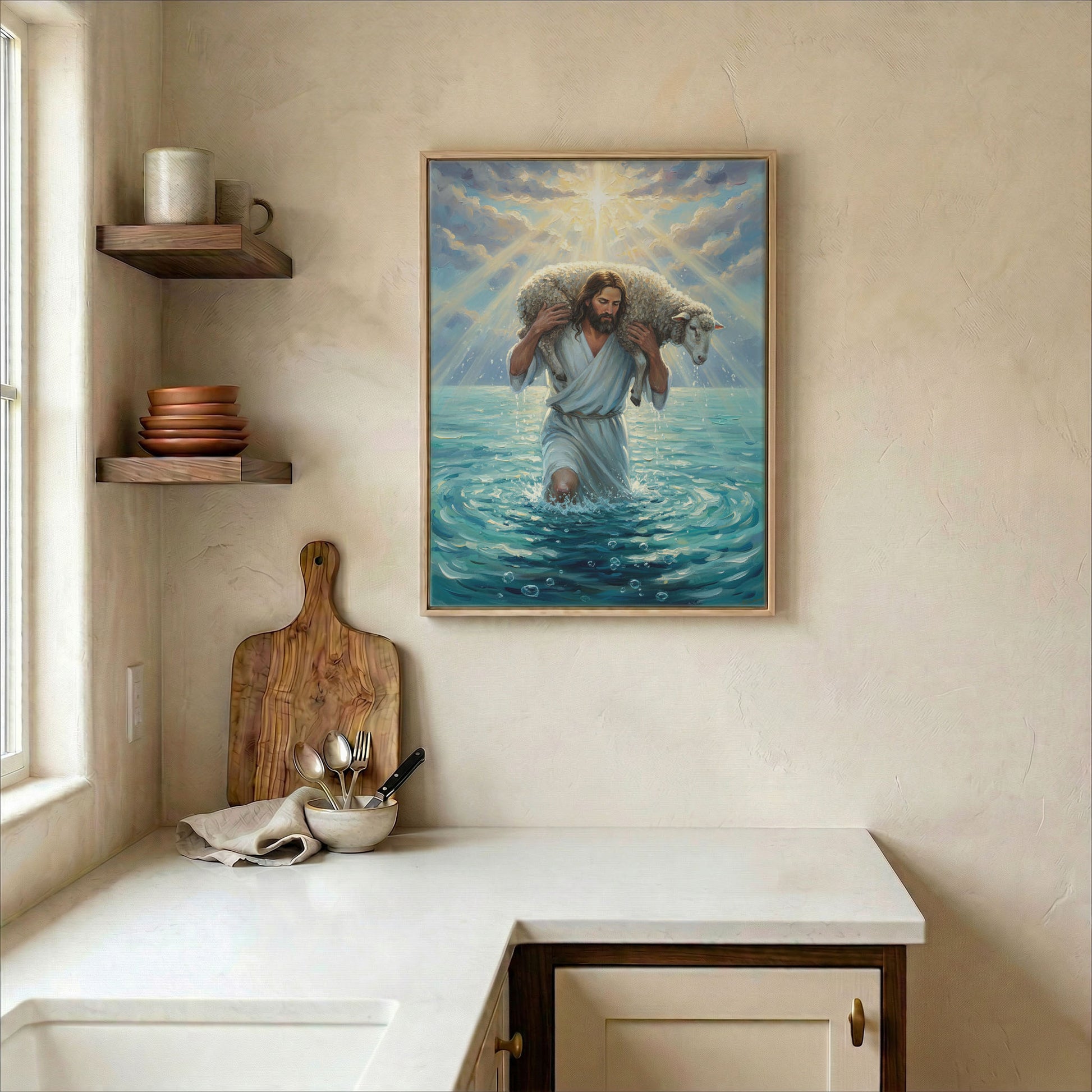Jesus carrying lamb canvas in wood frame on kitchen wall in warm neutral farmhouse setting
