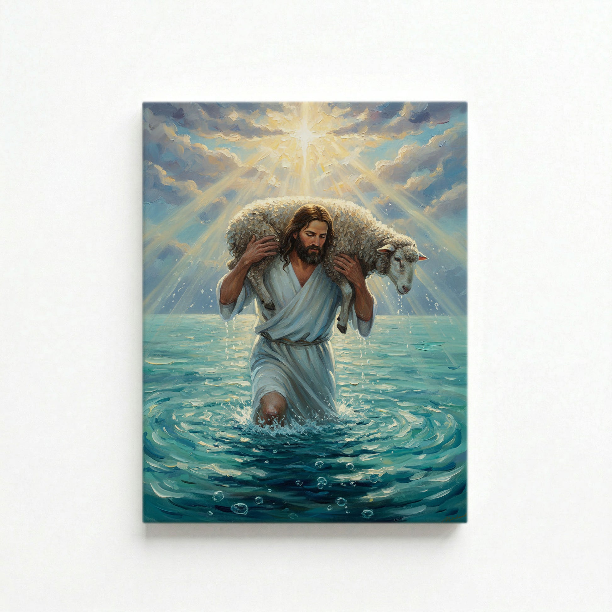 Vertical canvas of Jesus as Good Shepherd carrying a lamb through water on white background