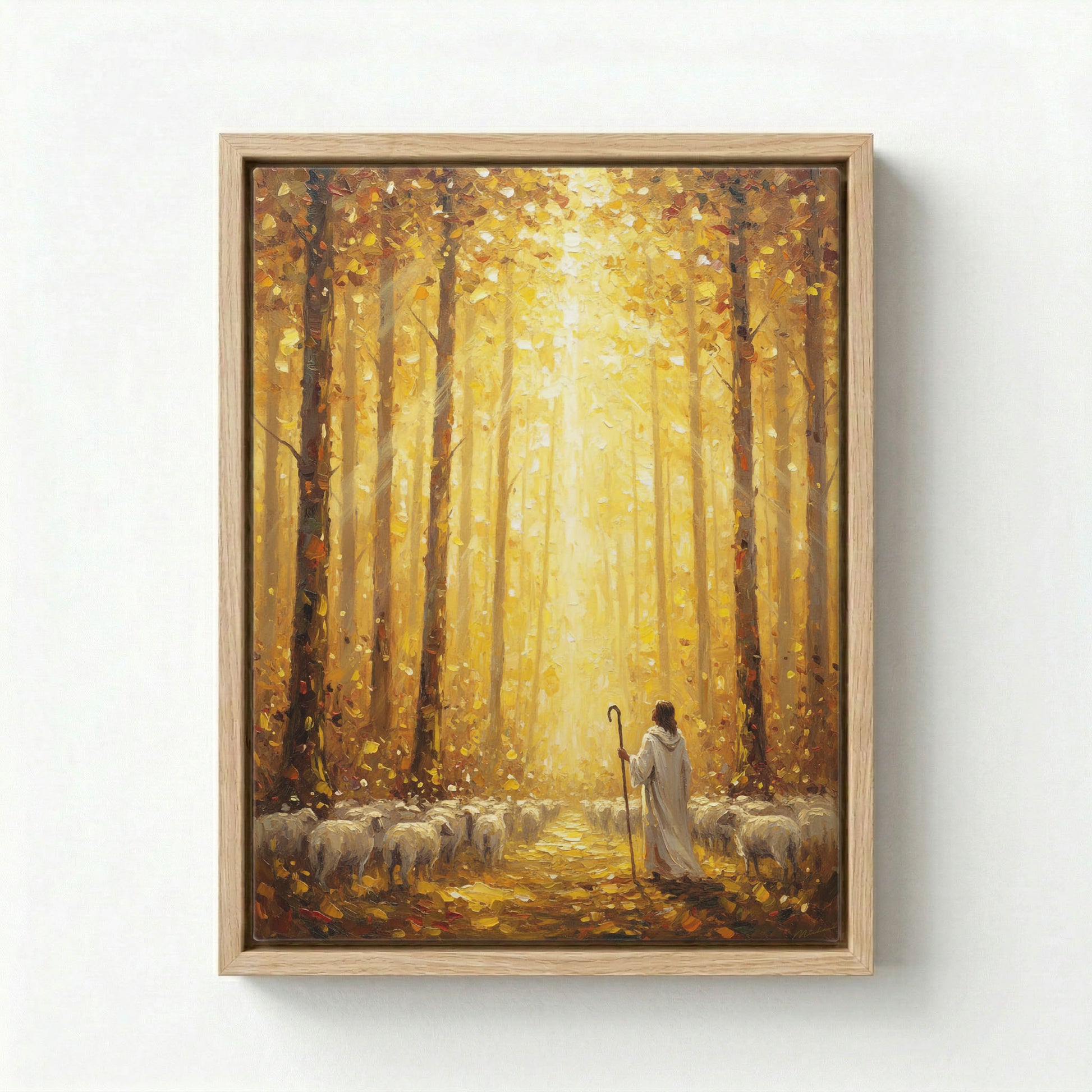 Canvas in natural wood floating frame with Jesus as Good Shepherd leading flock through golden autumn forest
