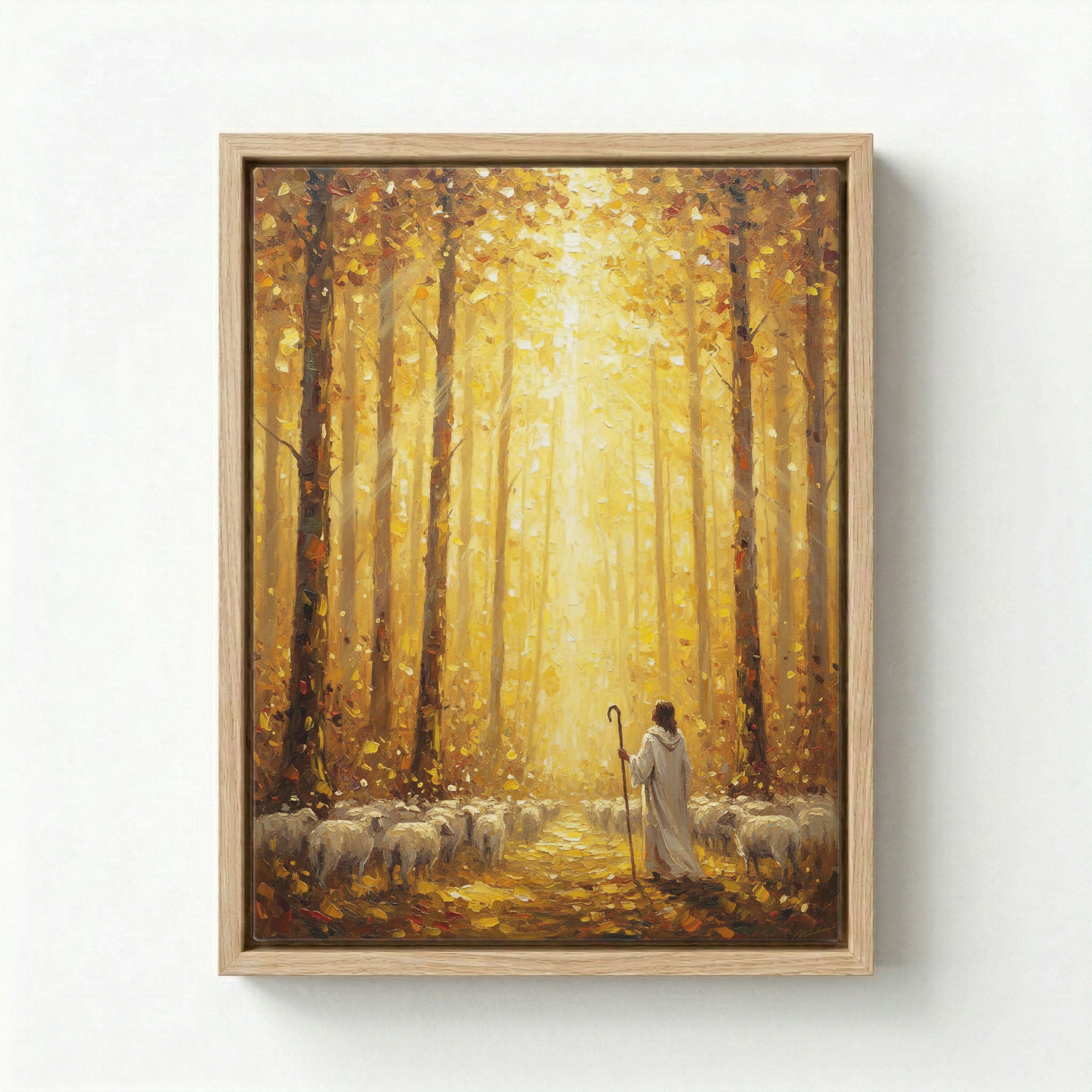 Canvas in natural wood floating frame with Jesus as Good Shepherd leading flock through golden autumn forest