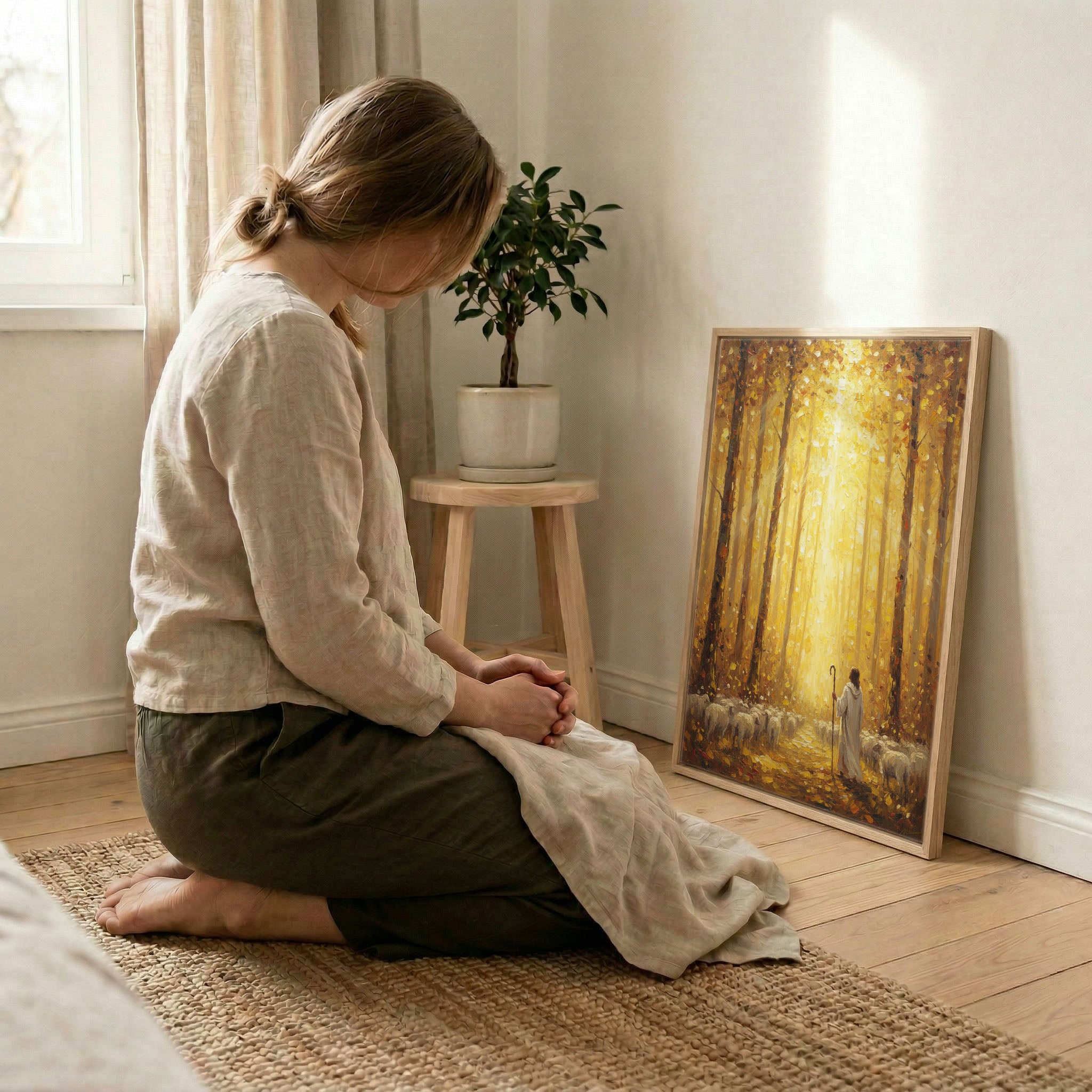 Woman kneeling in prayer beside Jesus Good Shepherd autumn forest canvas in wood frame, soft indoor natural light