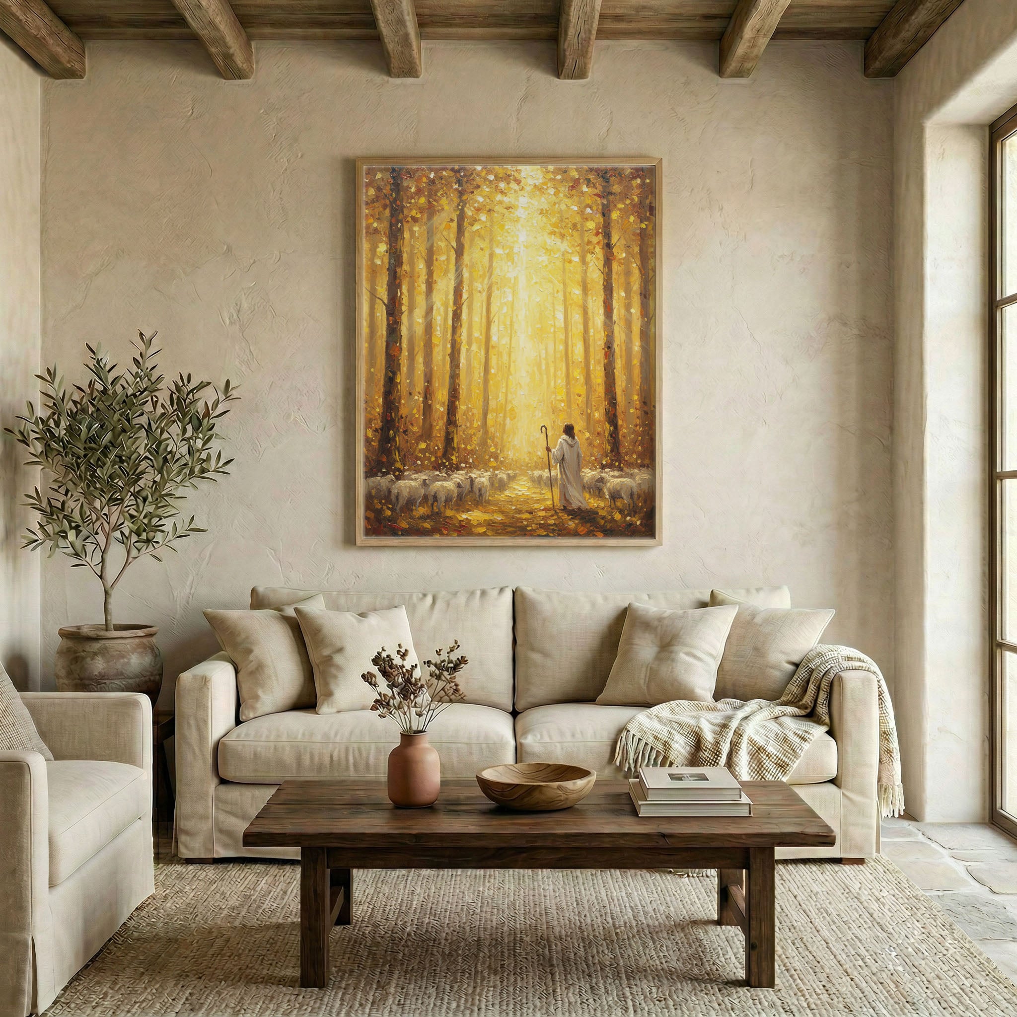 Large Jesus Good Shepherd golden forest canvas in wood frame above linen sofa in warm neutral living room