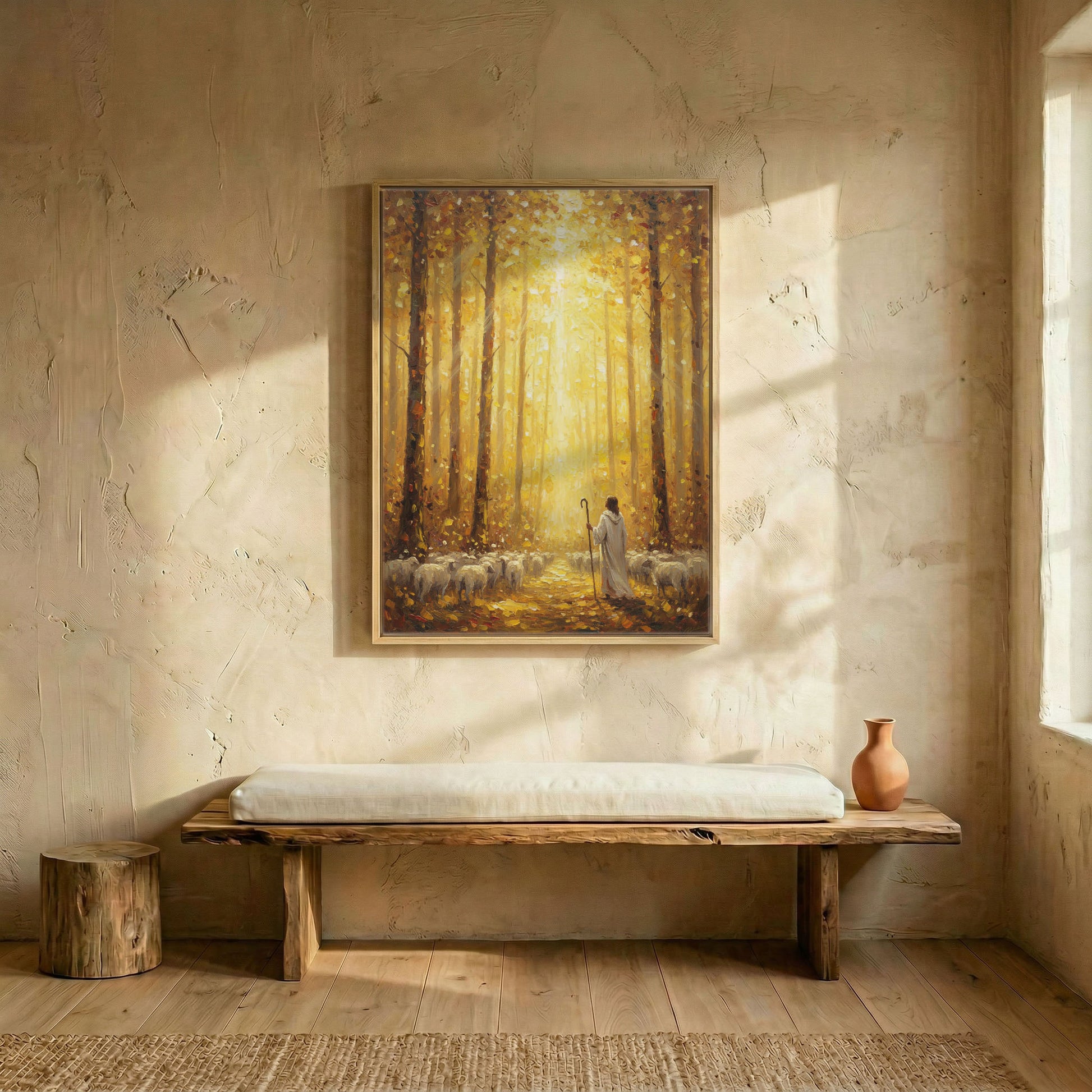 Jesus shepherd leading flock through autumn trees canvas in wood frame above rustic wooden bench in sunlit entryway