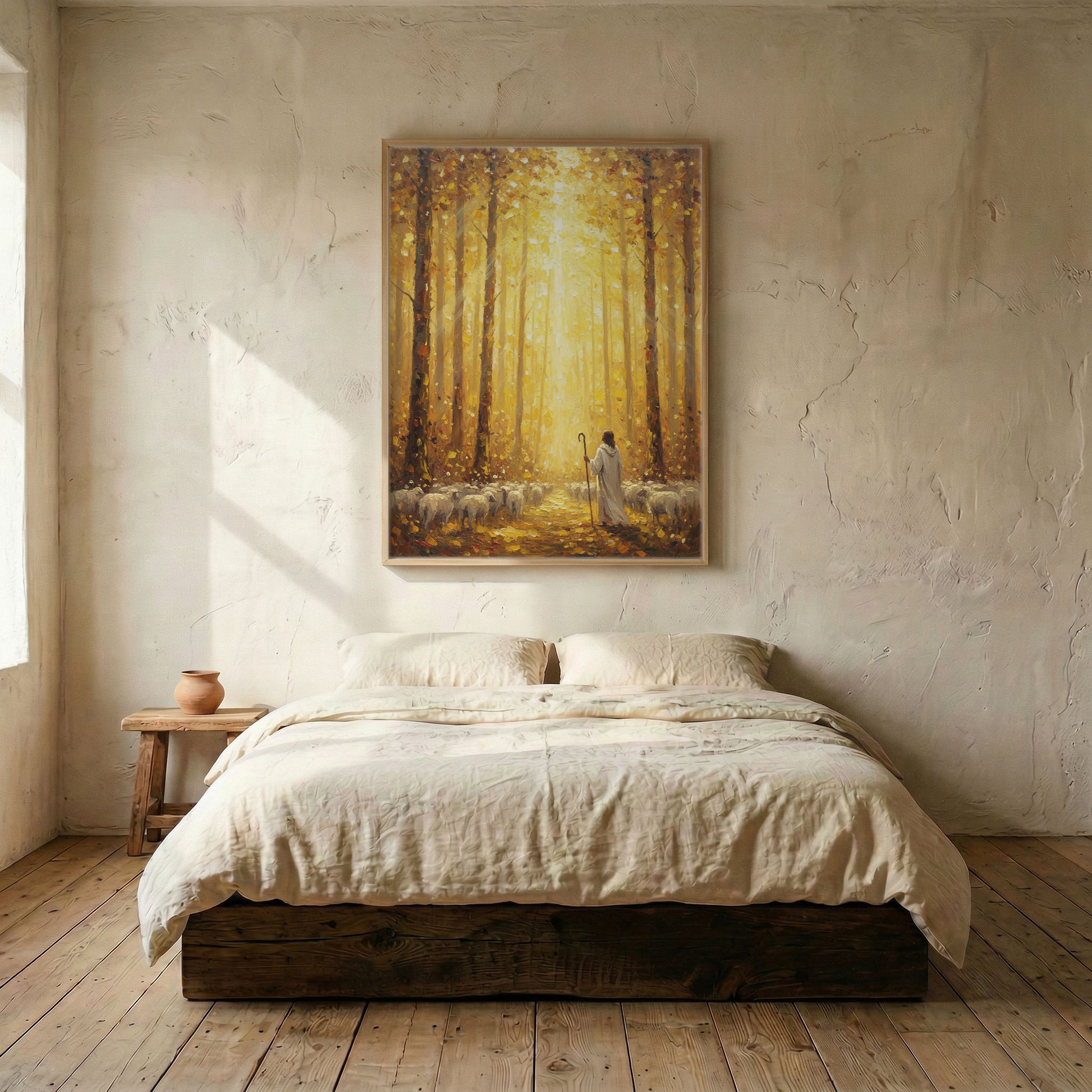 Jesus Good Shepherd forest canvas in wood frame mounted above linen platform bed in serene neutral bedroom