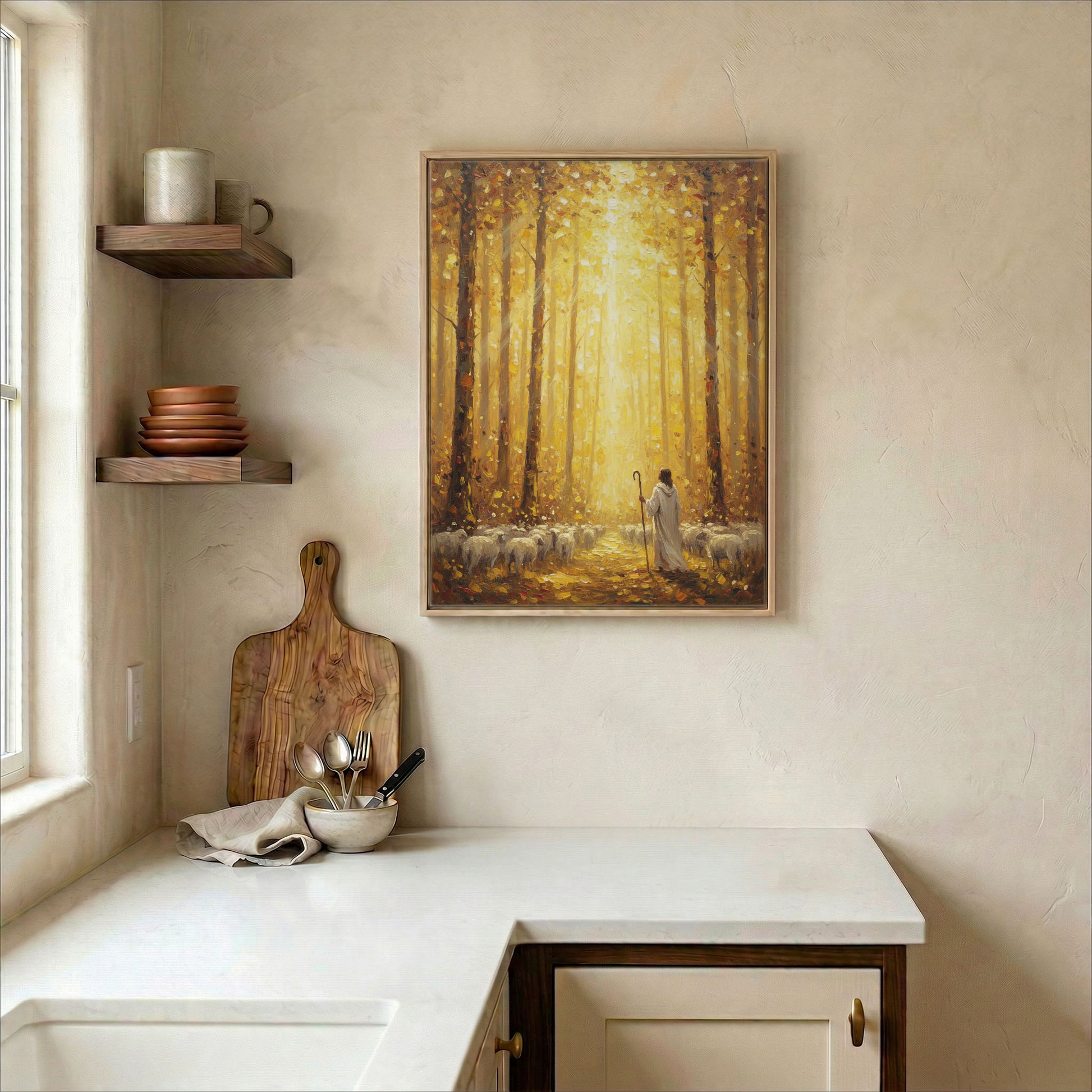 Jesus Good Shepherd leading sheep canvas in wood frame on kitchen wall in warm neutral farmhouse setting