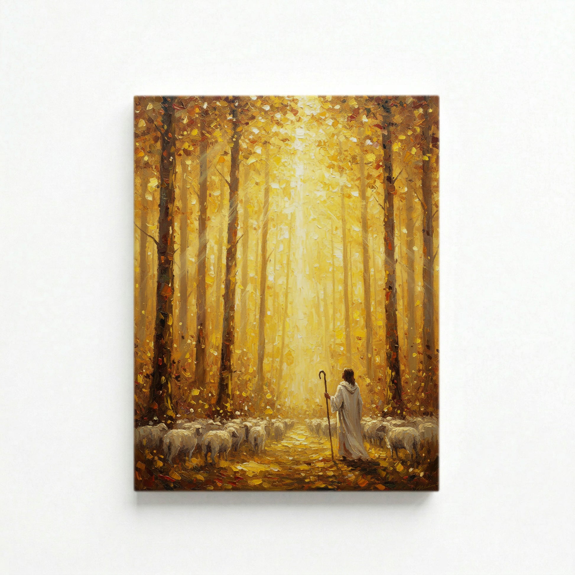 Vertical canvas of Jesus as Good Shepherd leading flock through golden autumn forest on white background