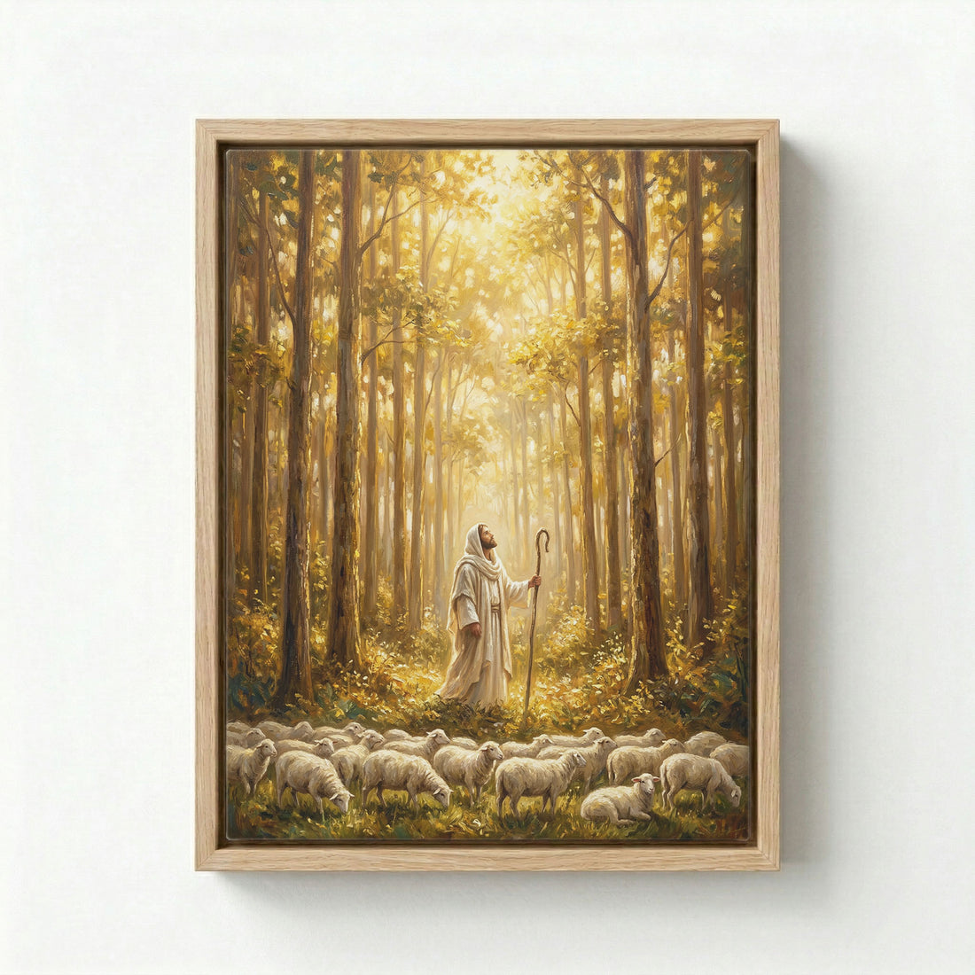 Canvas in natural wood floating frame with Jesus as Good Shepherd and flock in golden forest light