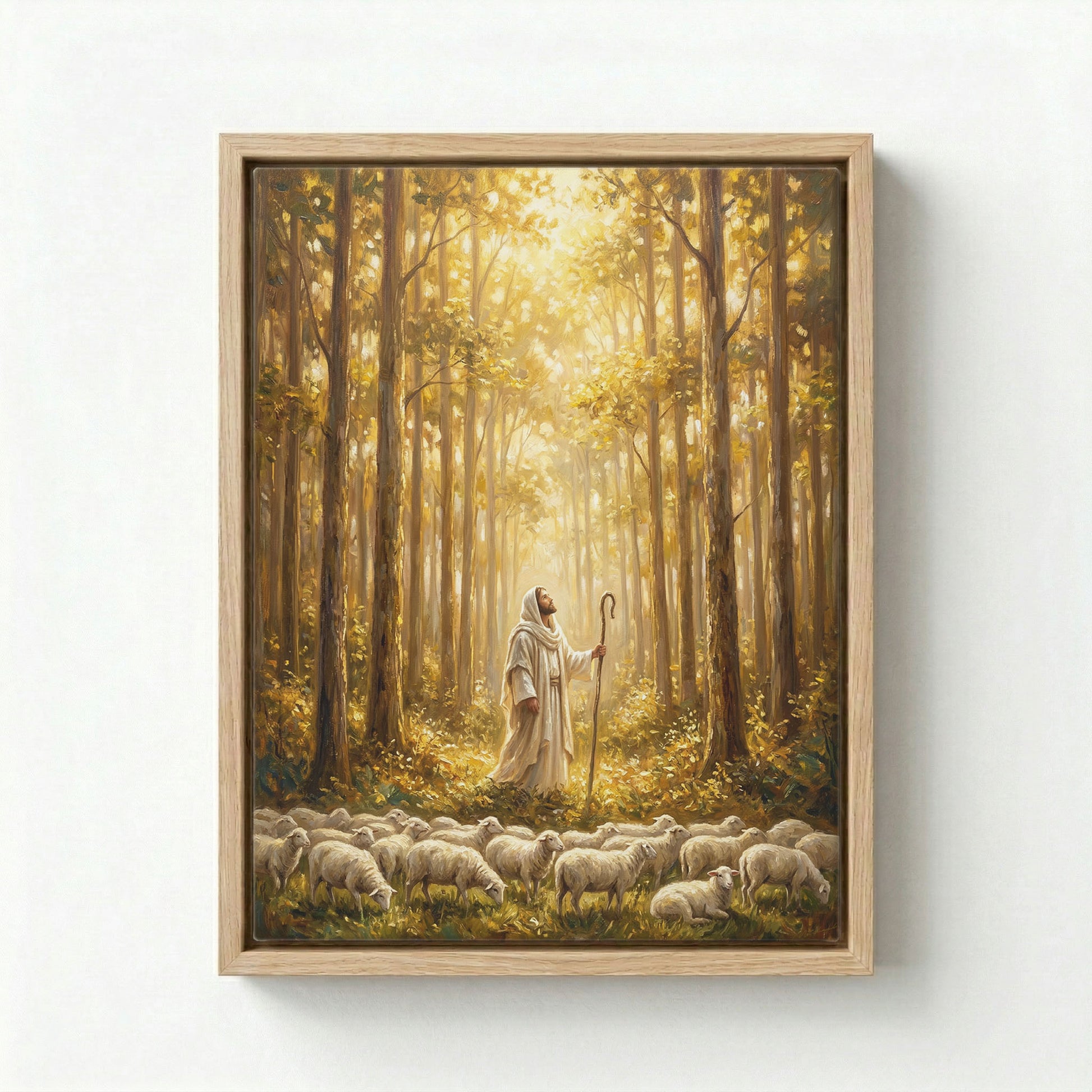 Canvas in natural wood floating frame with Jesus as Good Shepherd and flock in golden forest light