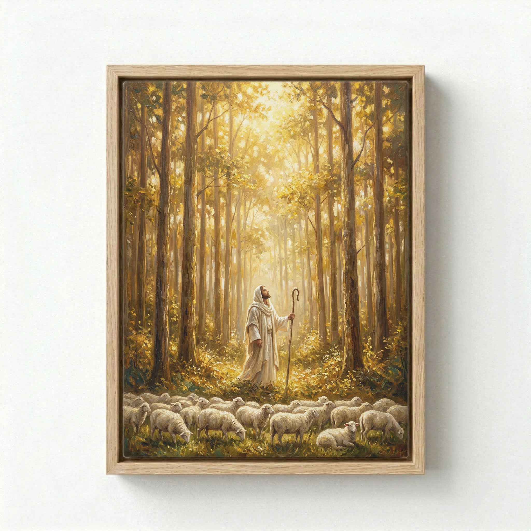 Canvas in natural wood floating frame with Jesus as Good Shepherd and flock in golden forest light